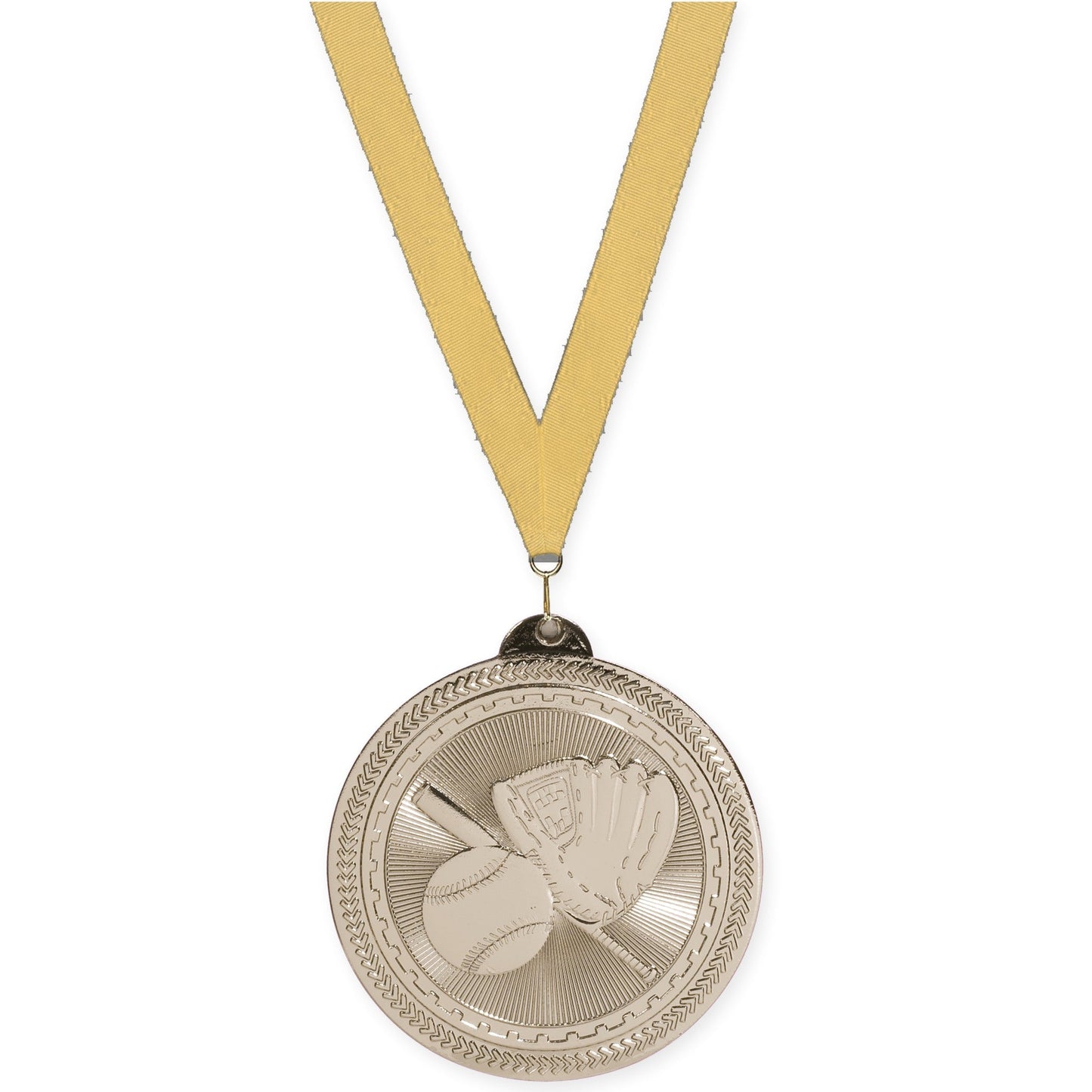 2 inch baseball and softball Sunburst medal in bright silver with Gold Metallic neck ribbon