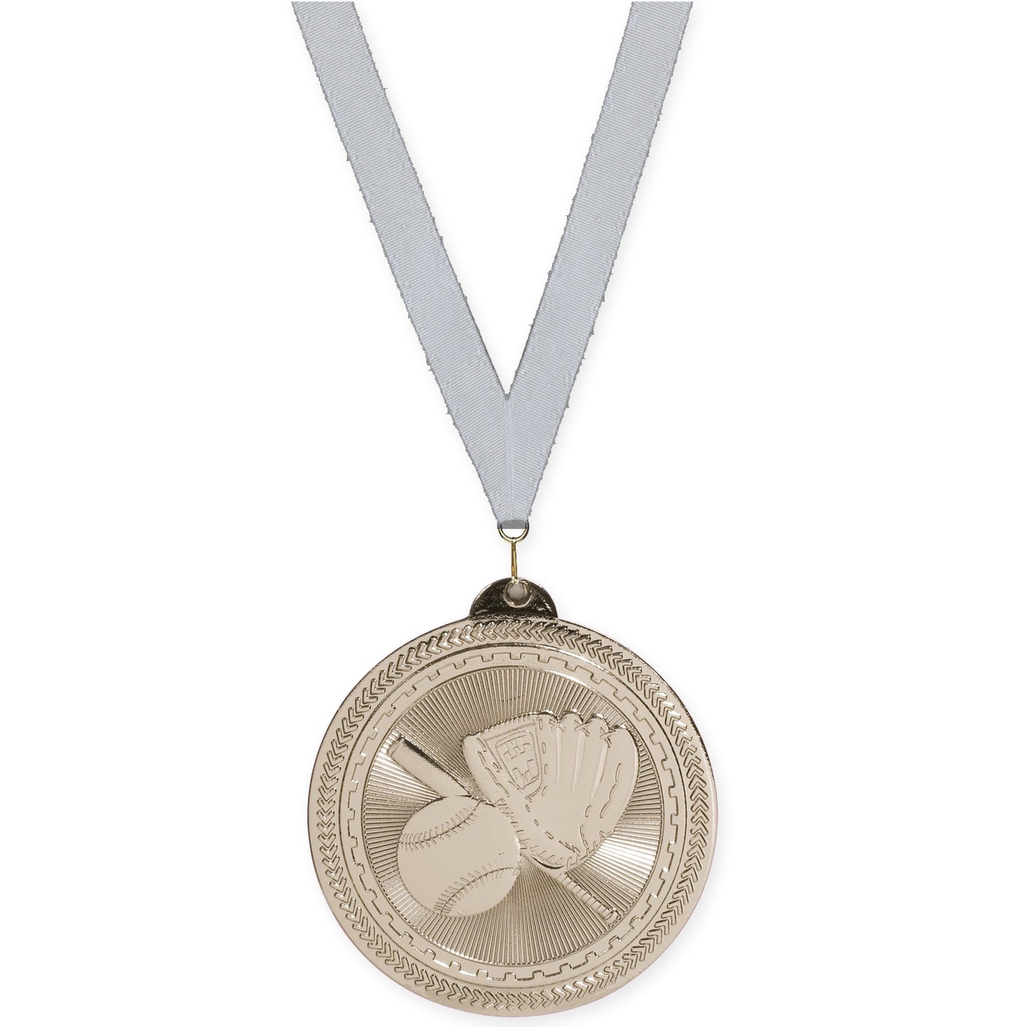 2 inch baseball and softball Sunburst medal in bright silver with Silver Metallic neck ribbon