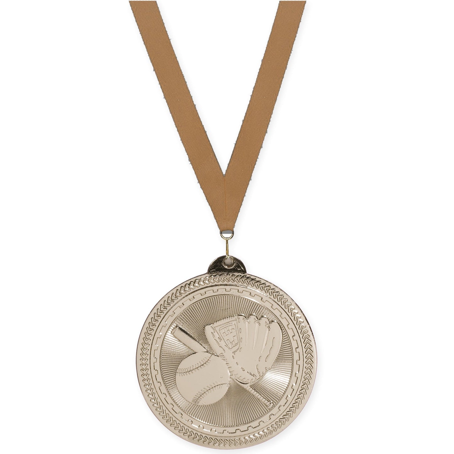 2 inch baseball and softball Sunburst medal in bright silver with Bronze Metallic neck ribbon