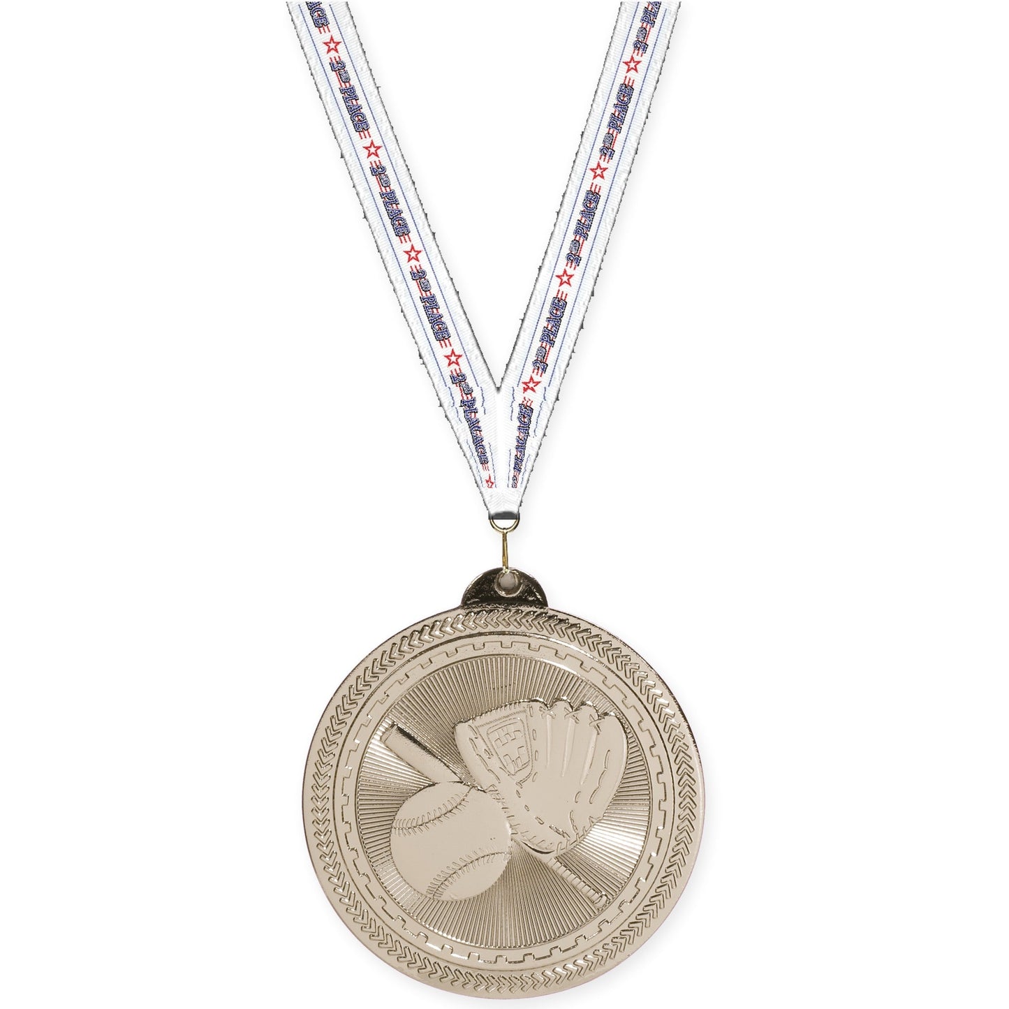 2 inch baseball and softball Sunburst medal in bright silver with 2nd Place neck ribbon