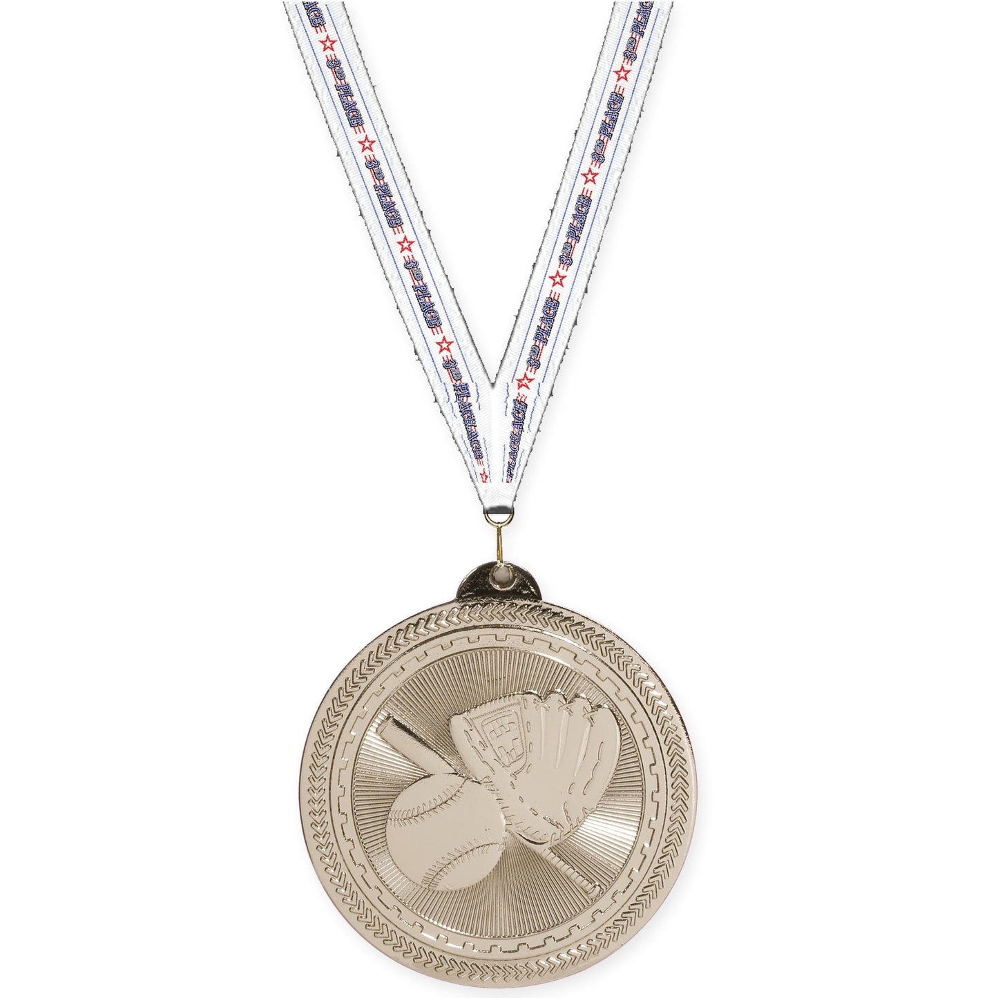 2 inch baseball and softball Sunburst medal in bright silver with 3rd Place neck ribbon