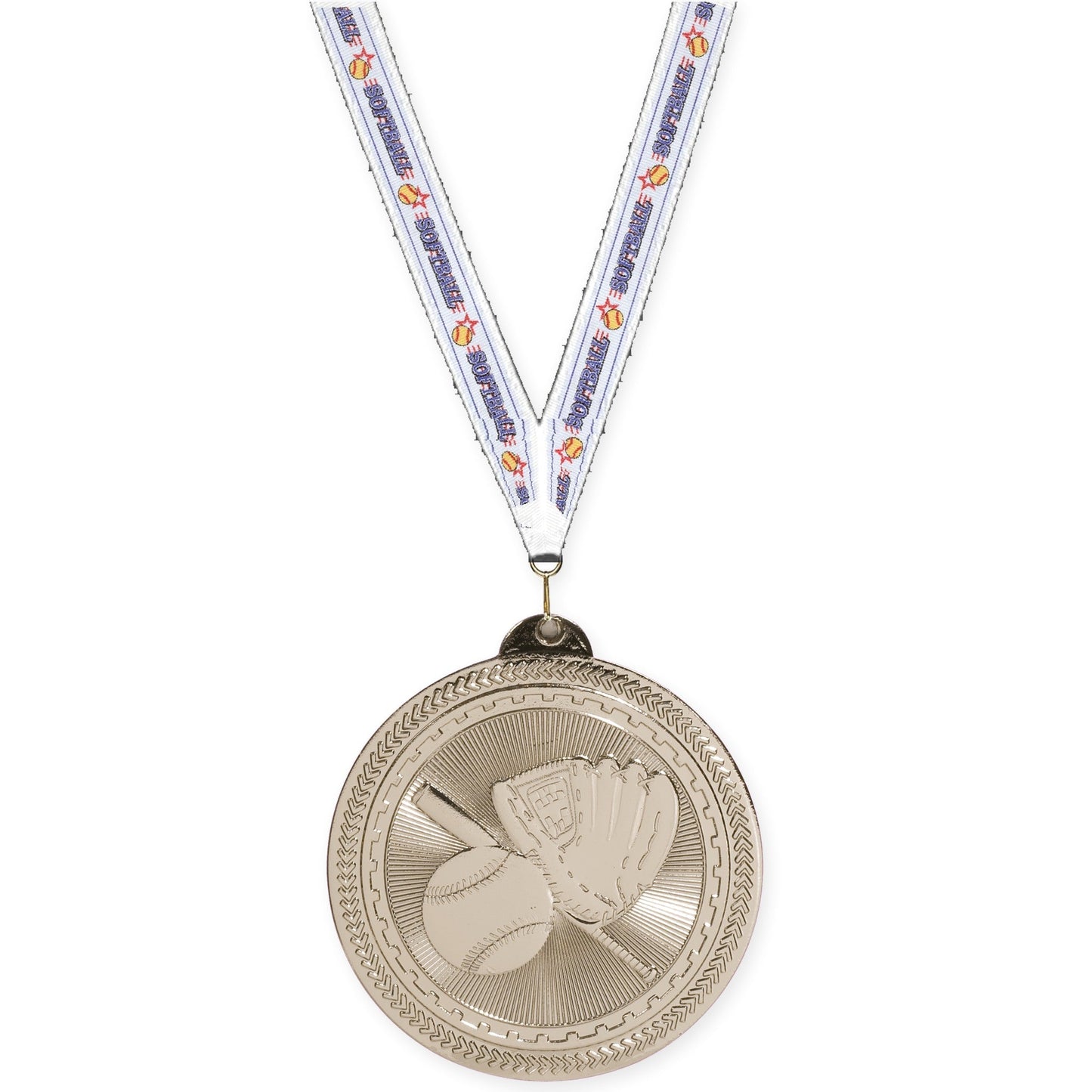2 inch baseball and softball Sunburst medal in bright silver with Softball neck ribbon