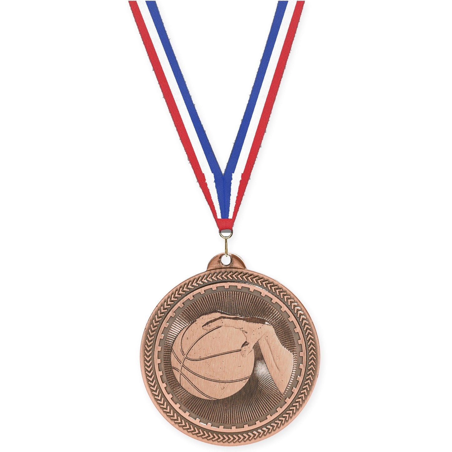 2 inch basketball Sunburst medal in antique bronze with Red White Blue neck ribbon