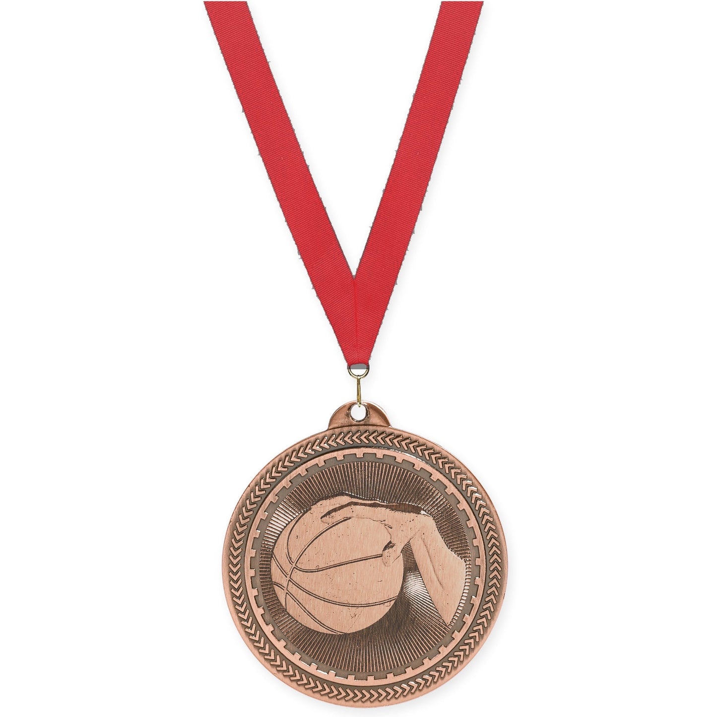2 inch basketball Sunburst medal in antique bronze with Red neck ribbon