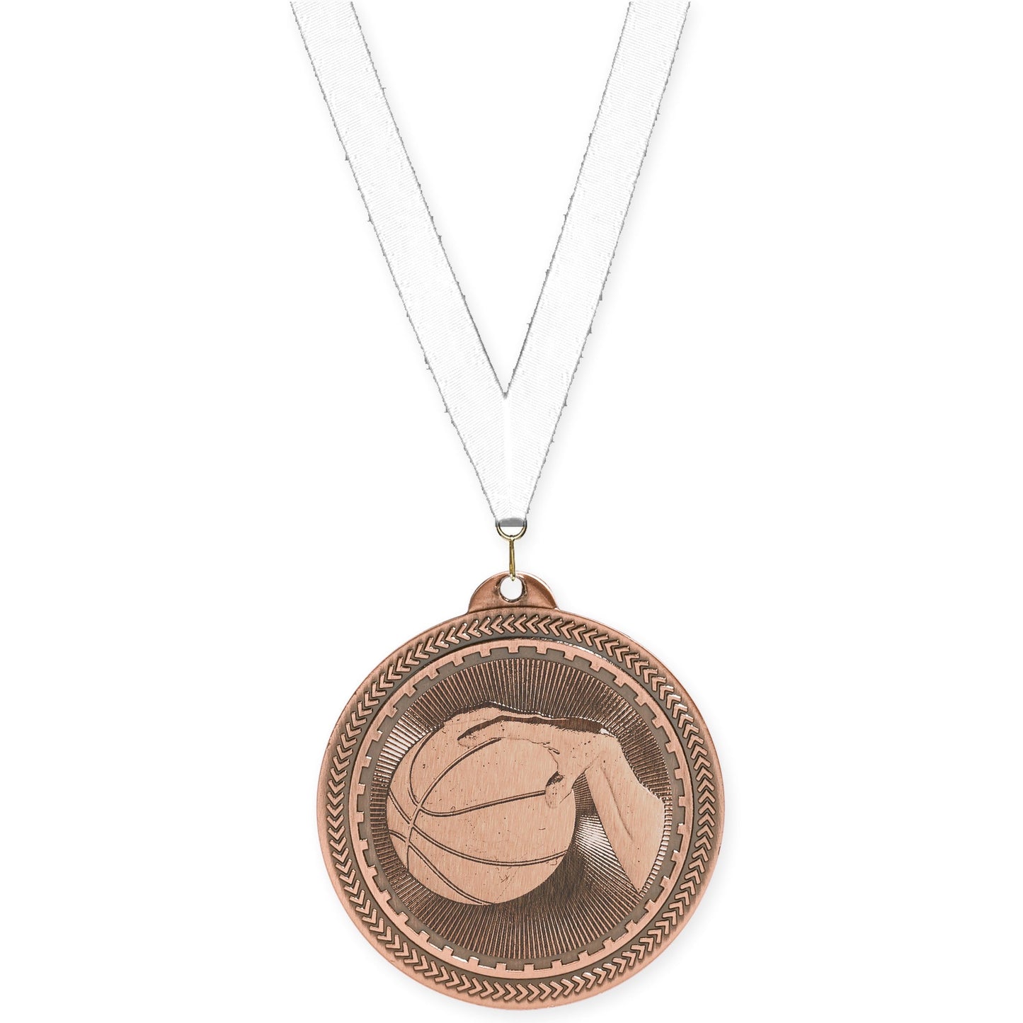 2 inch basketball Sunburst medal in antique bronze with White neck ribbon