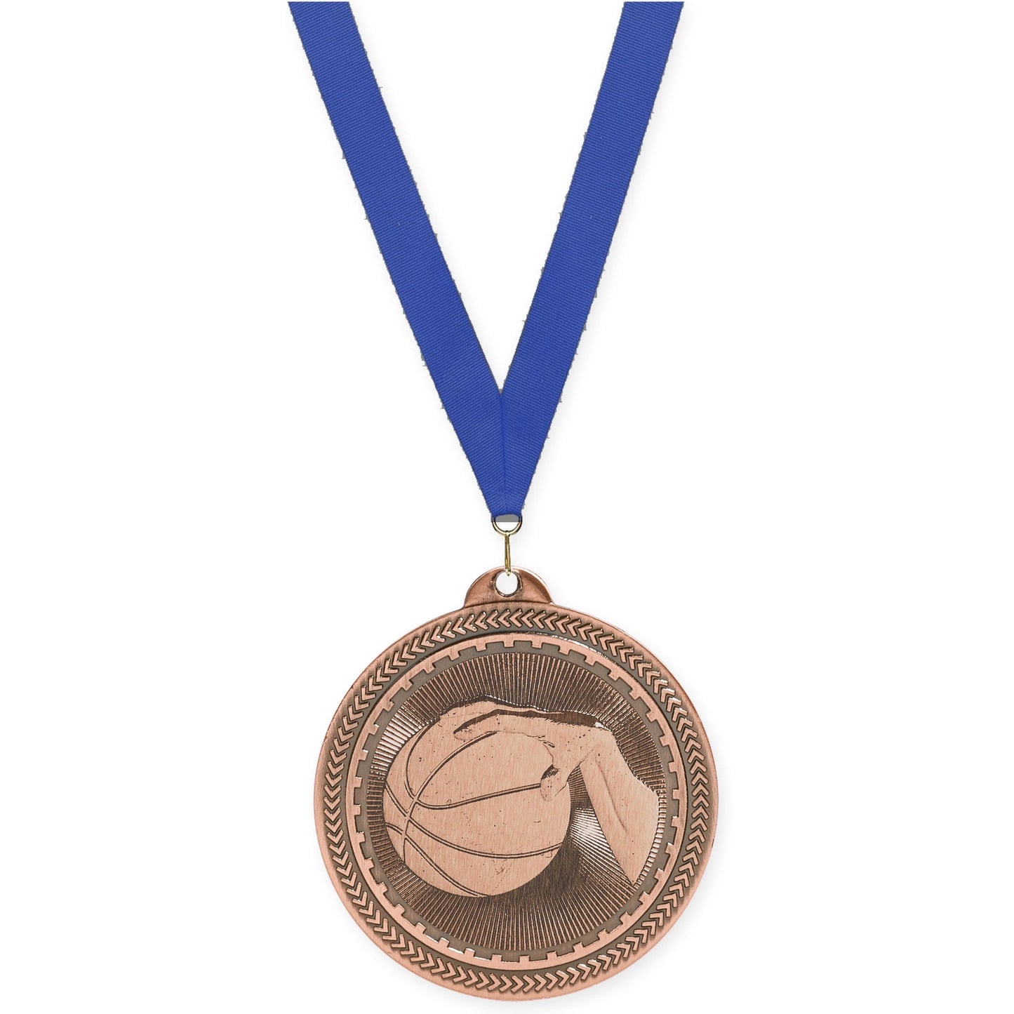 2 inch basketball Sunburst medal in antique bronze with Blue neck ribbon