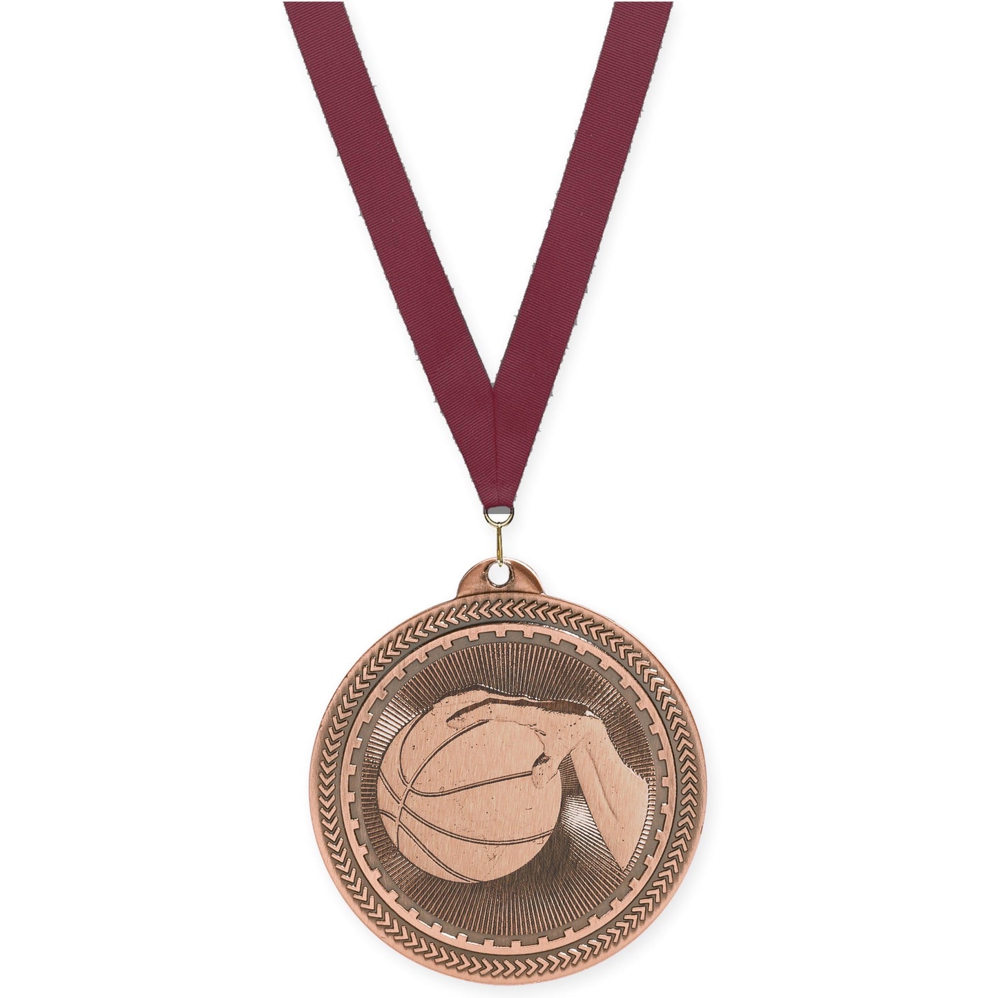 2 inch basketball Sunburst medal in antique bronze with Maroon neck ribbon