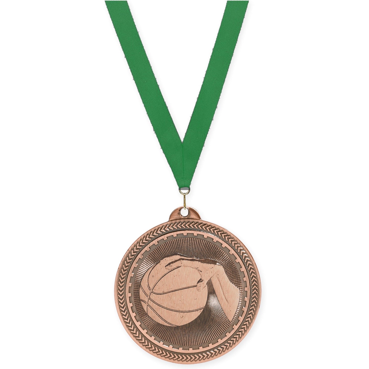 2 inch basketball Sunburst medal in antique bronze with Green neck ribbon
