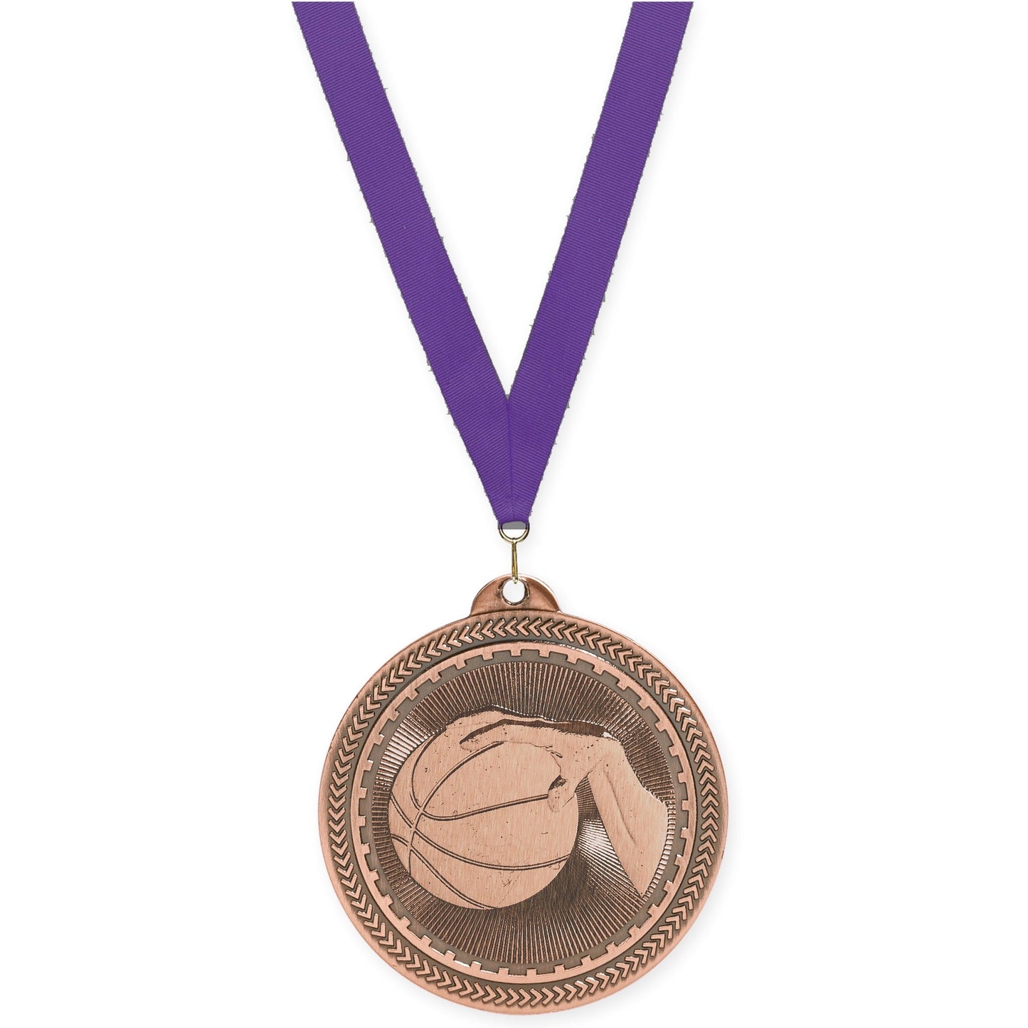 2 inch basketball Sunburst medal in antique bronze with Purple neck ribbon