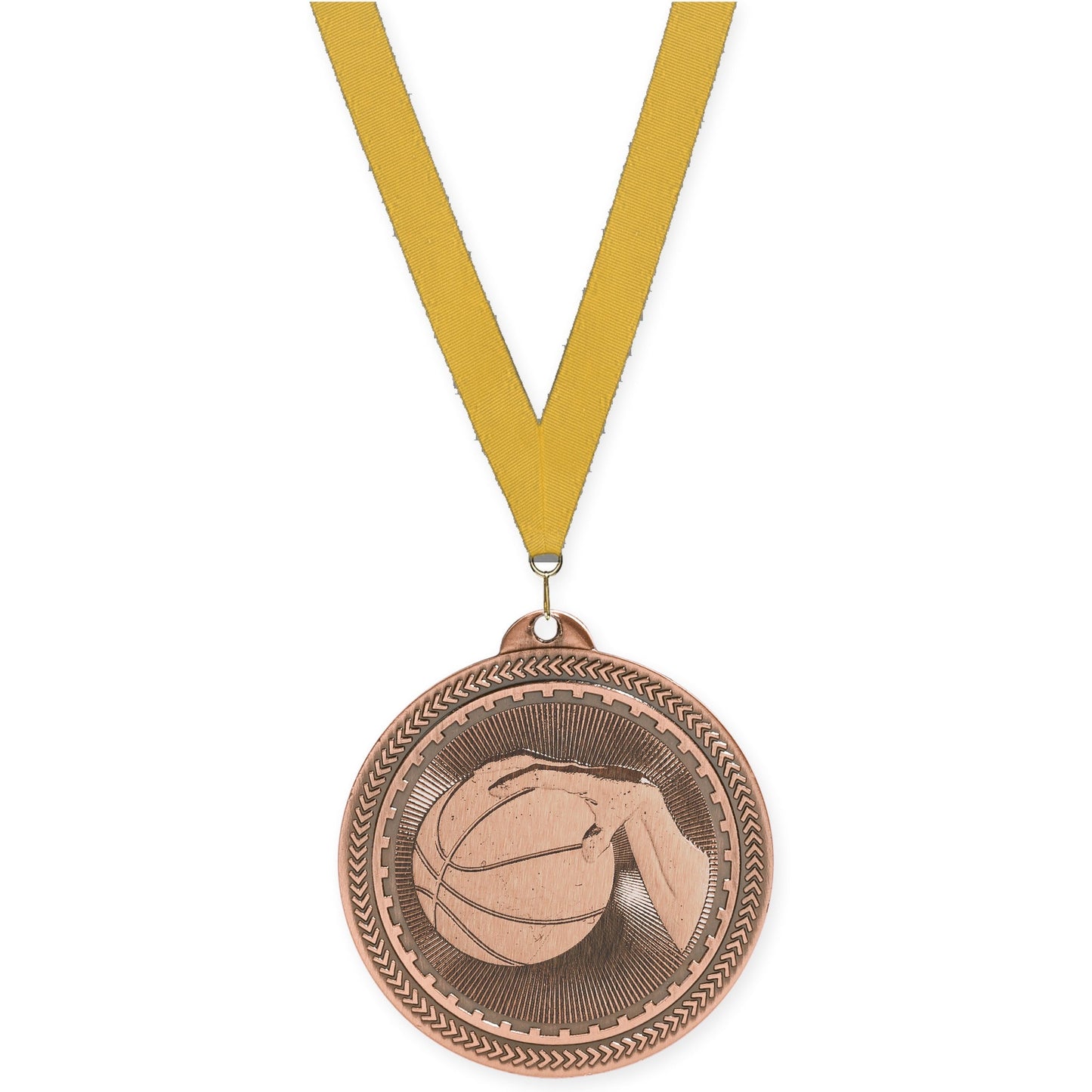 2 inch basketball Sunburst medal in antique bronze with Gold neck ribbon