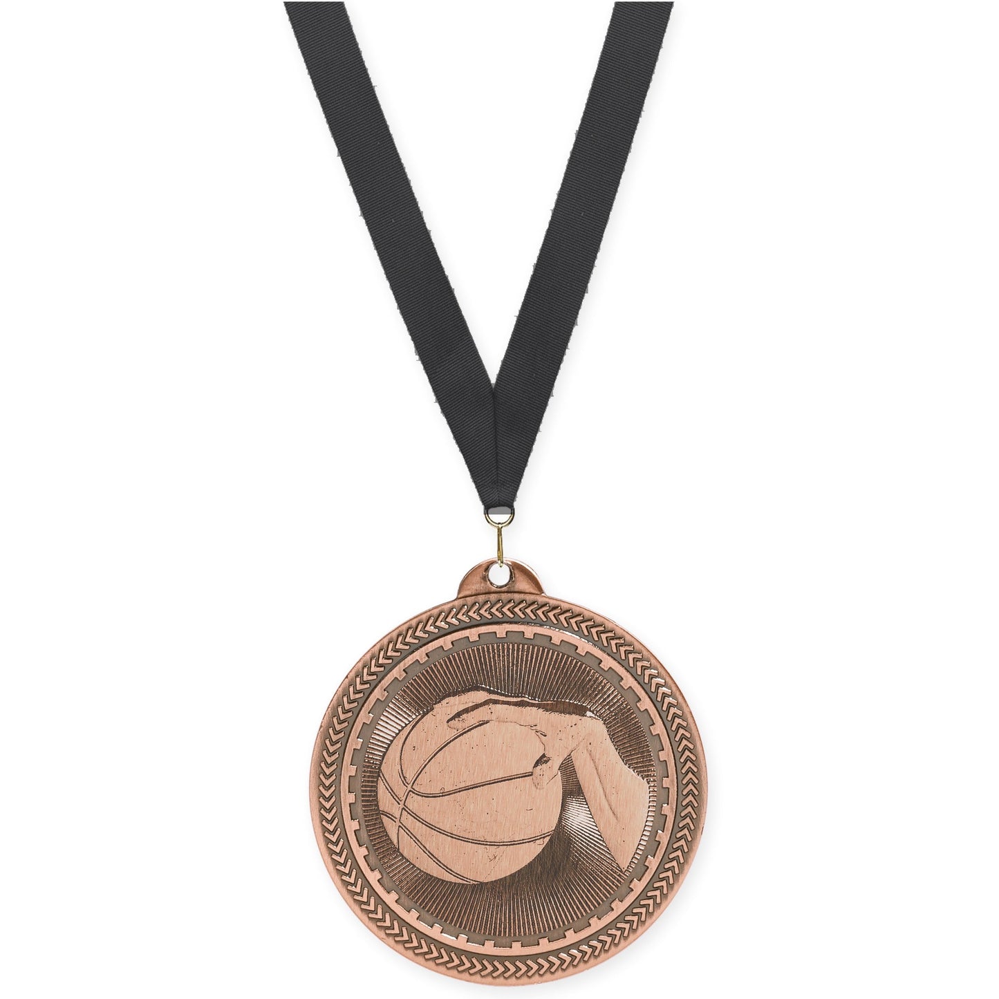 2 inch basketball Sunburst medal in antique bronze with Black neck ribbon