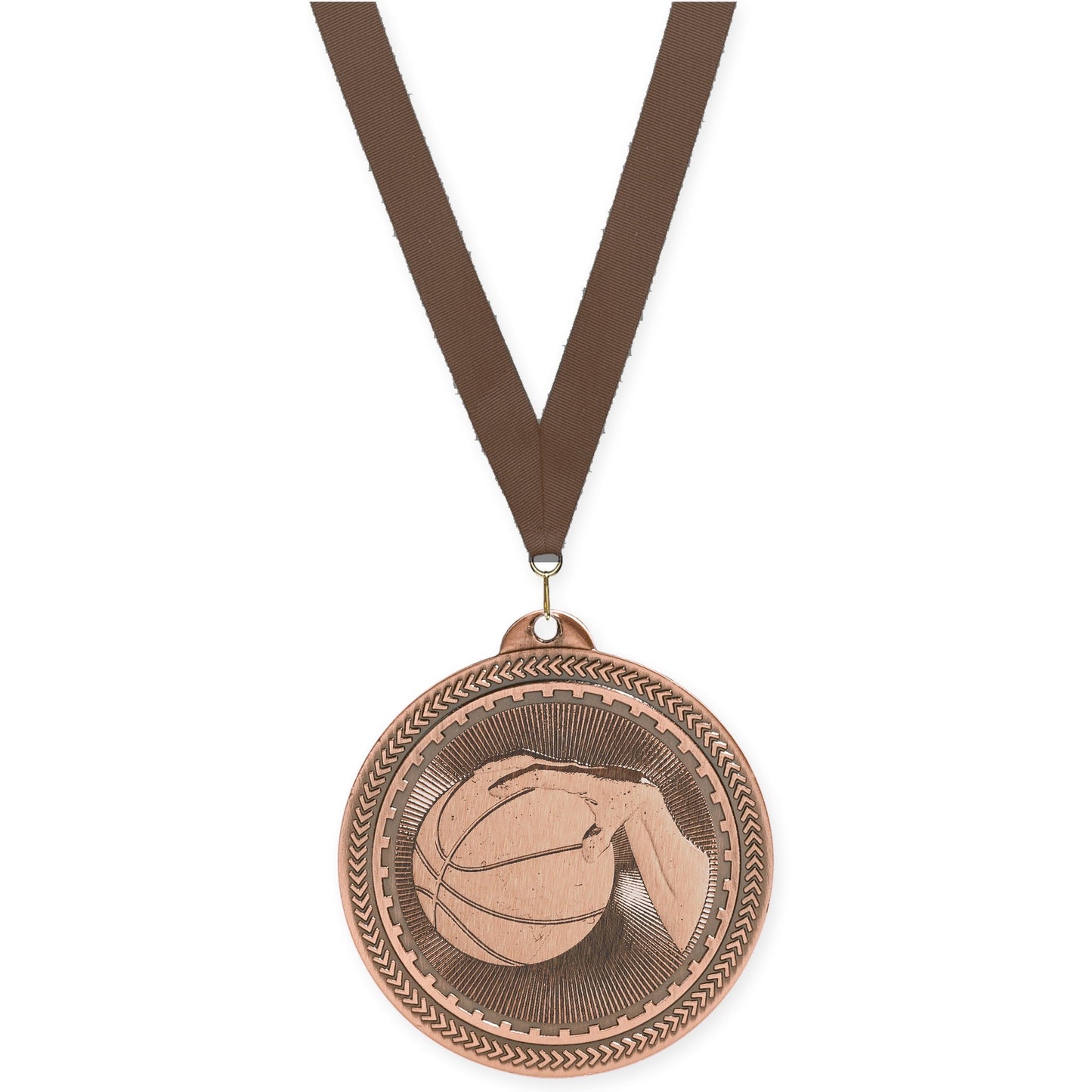 2 inch basketball Sunburst medal in antique bronze with Brown neck ribbon