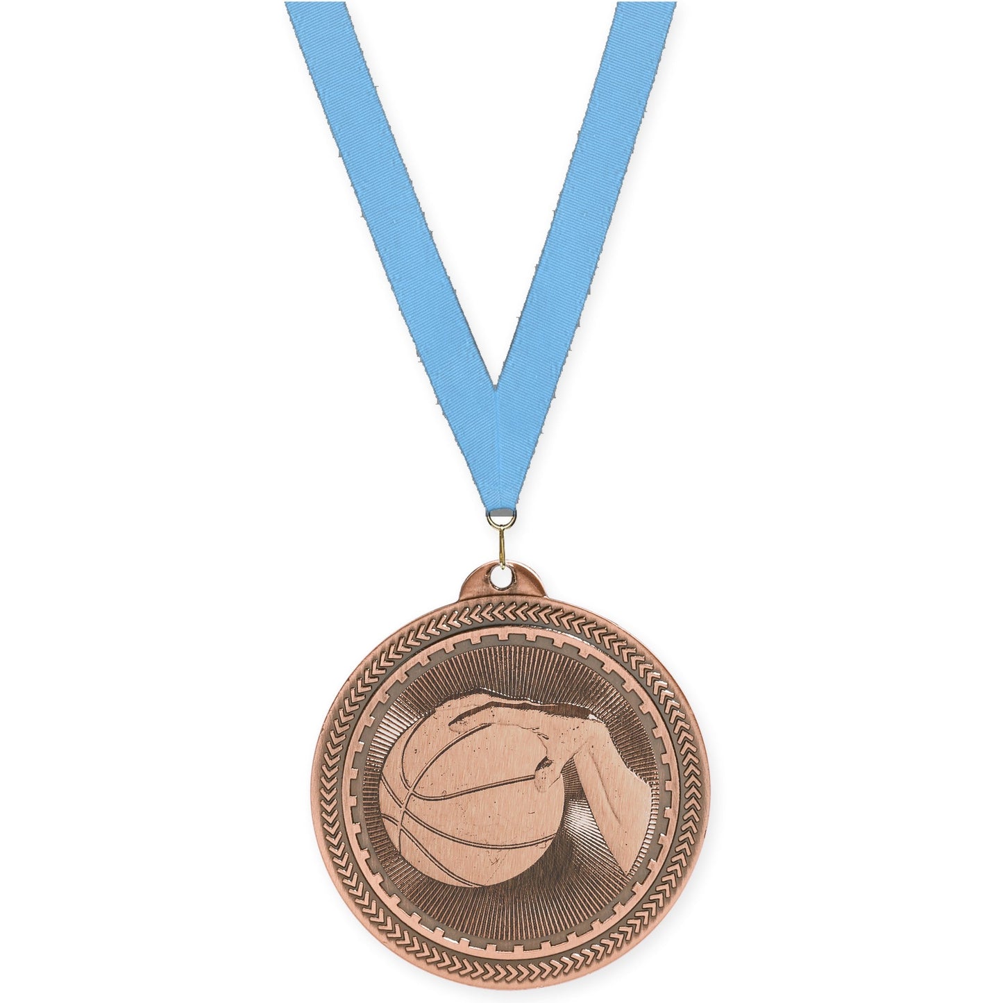 2 inch basketball Sunburst medal in antique bronze with Light Blue neck ribbon