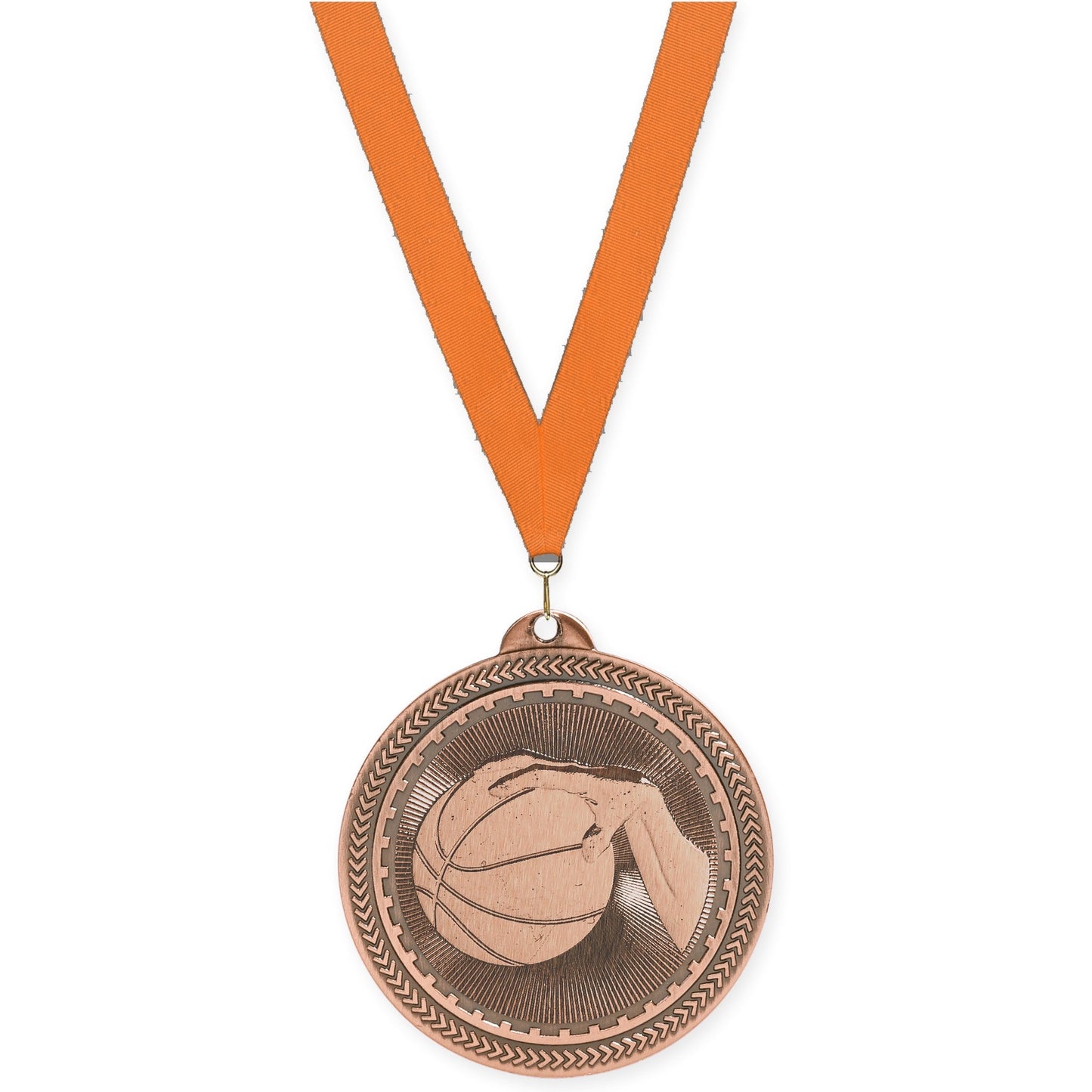 2 inch basketball Sunburst medal in antique bronze with Orange neck ribbon