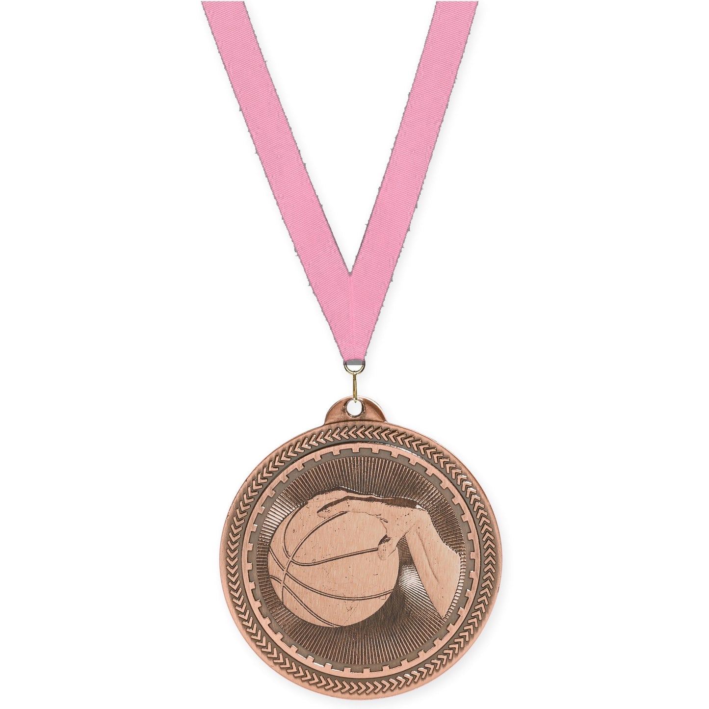 2 inch basketball Sunburst medal in antique bronze with Pink neck ribbon