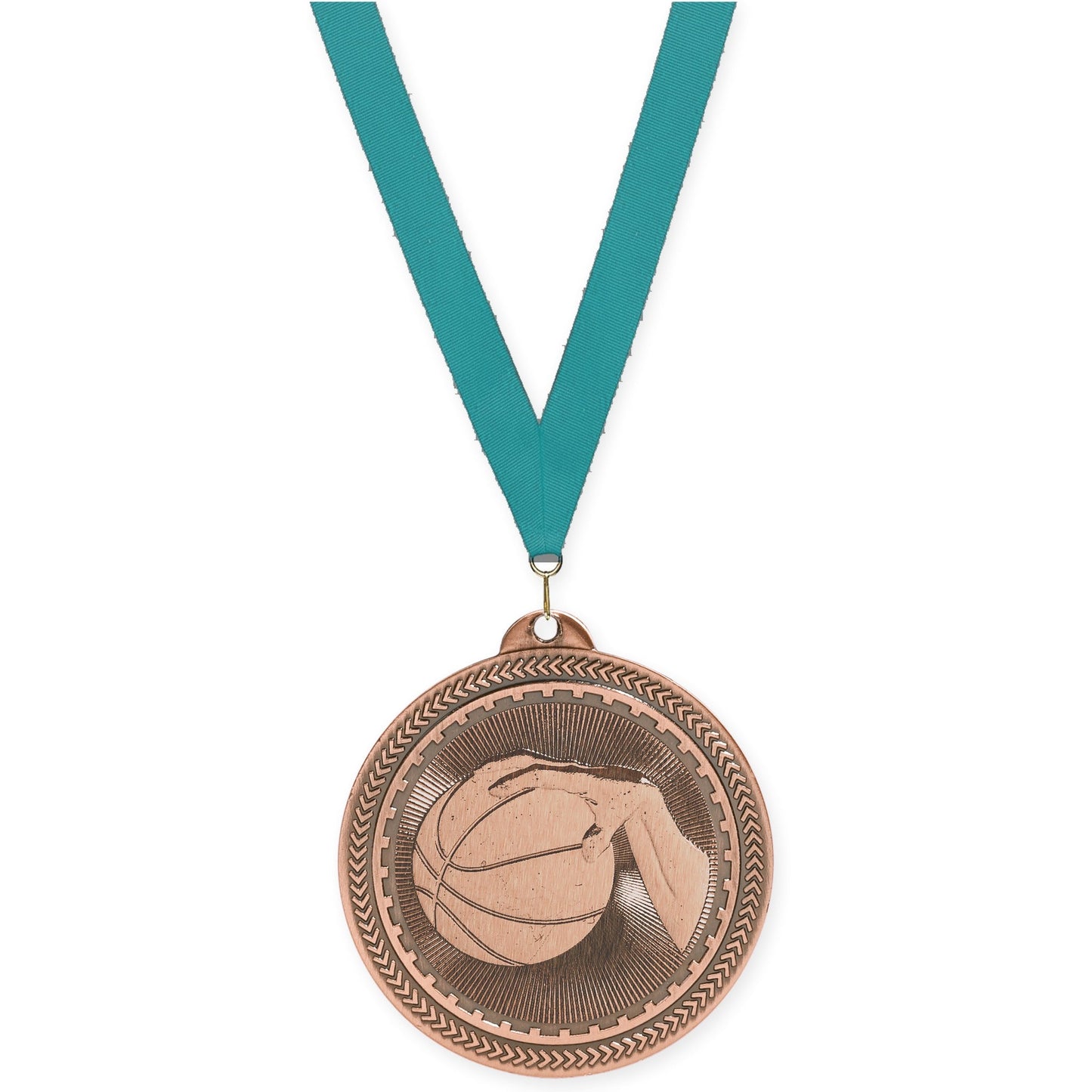 2 inch basketball Sunburst medal in antique bronze with Teal neck ribbon