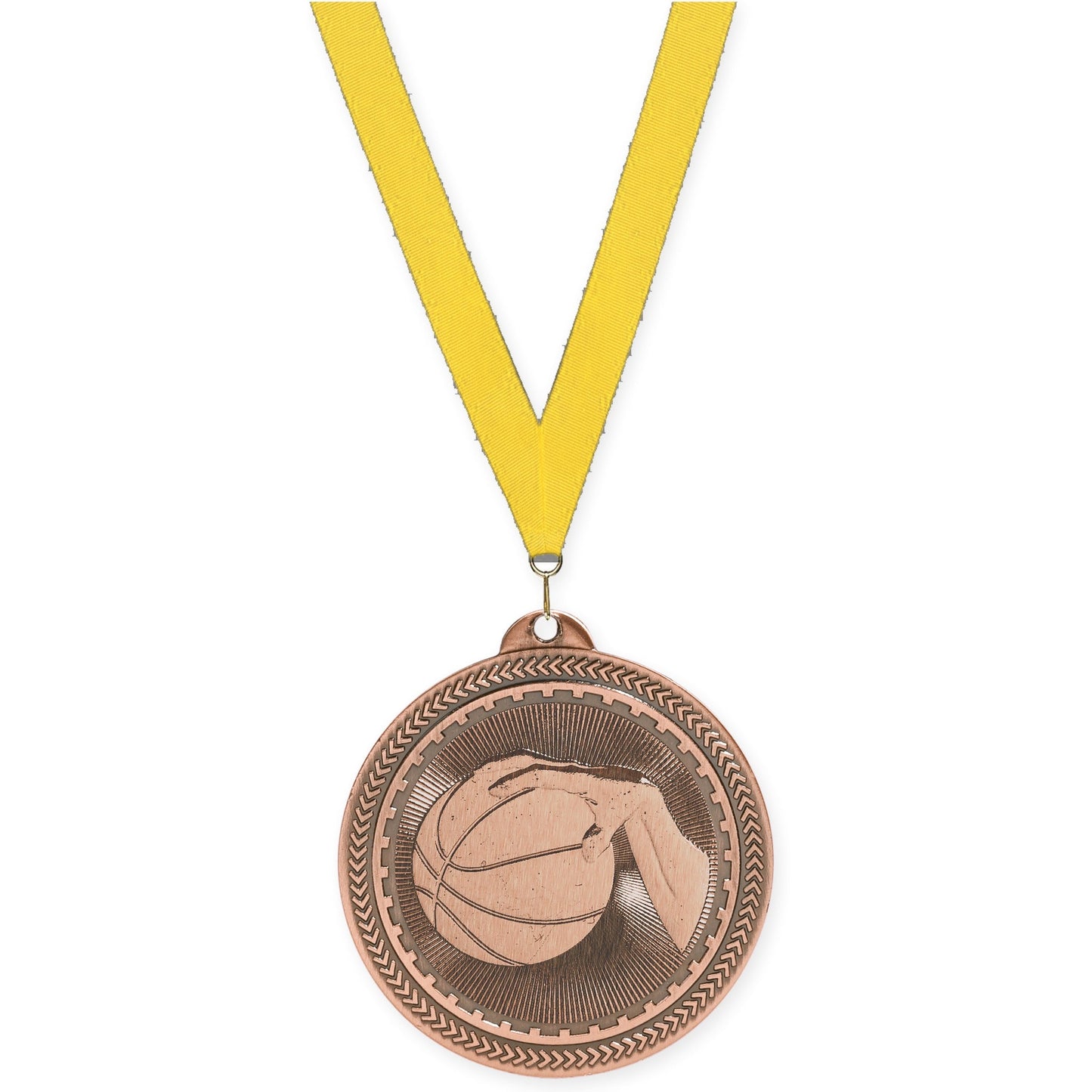 2 inch basketball Sunburst medal in antique bronze with Yellow neck ribbon