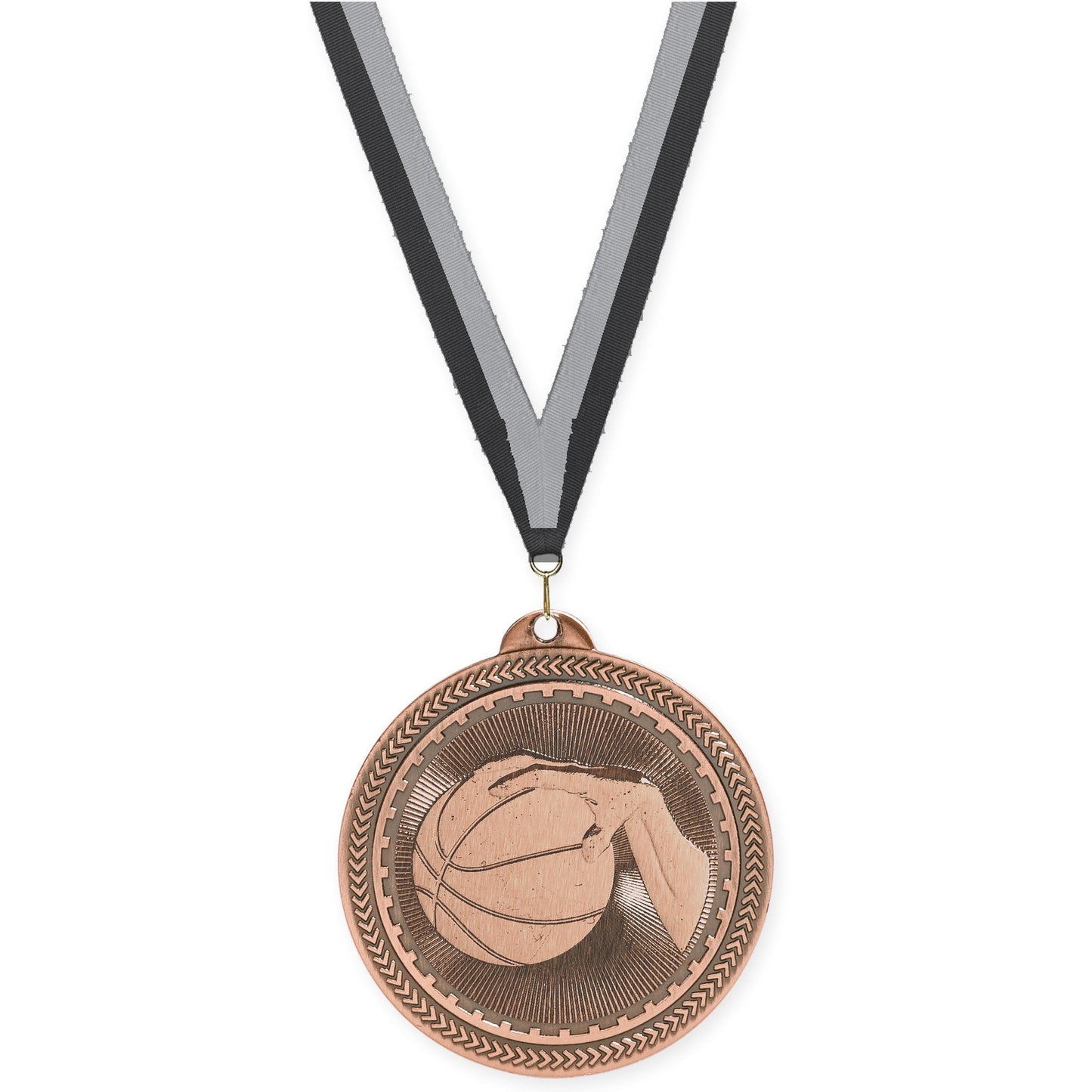 2 inch basketball Sunburst medal in antique bronze with Black Gray neck ribbon
