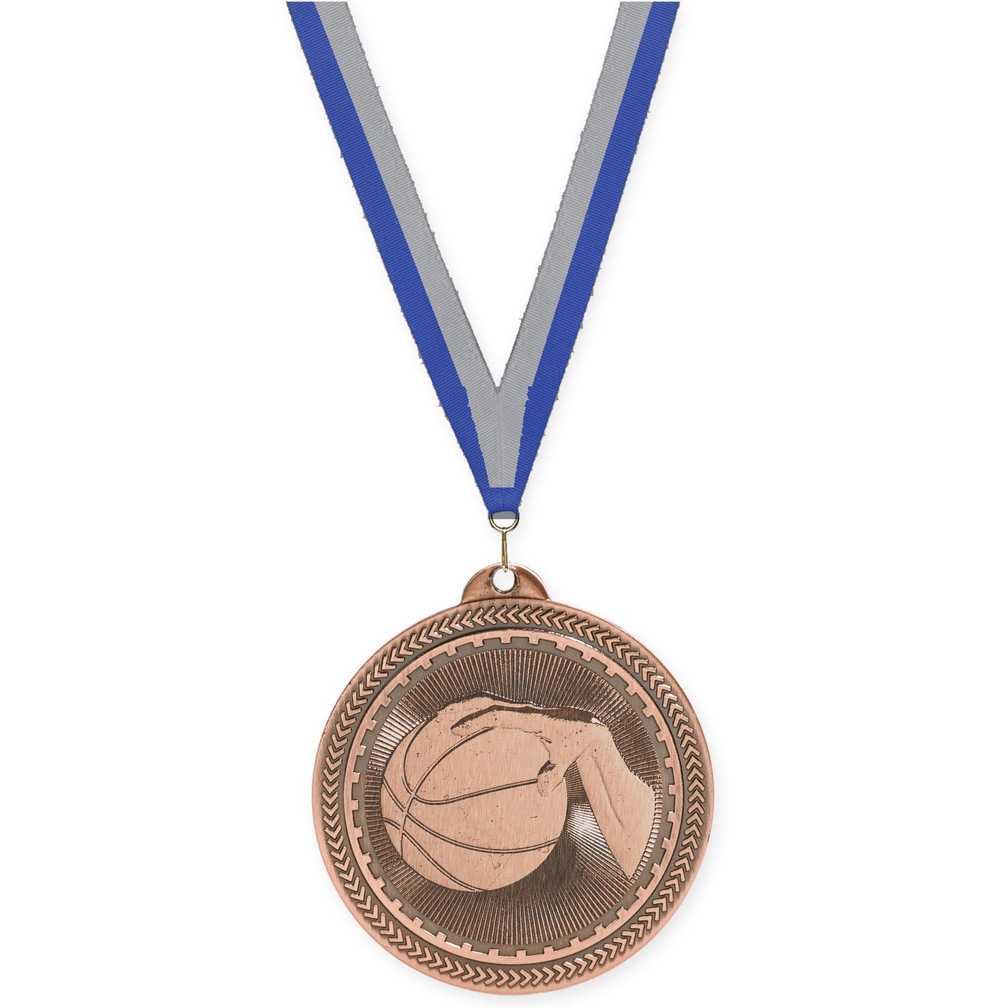 2 inch basketball Sunburst medal in antique bronze with Blue Gray neck ribbon