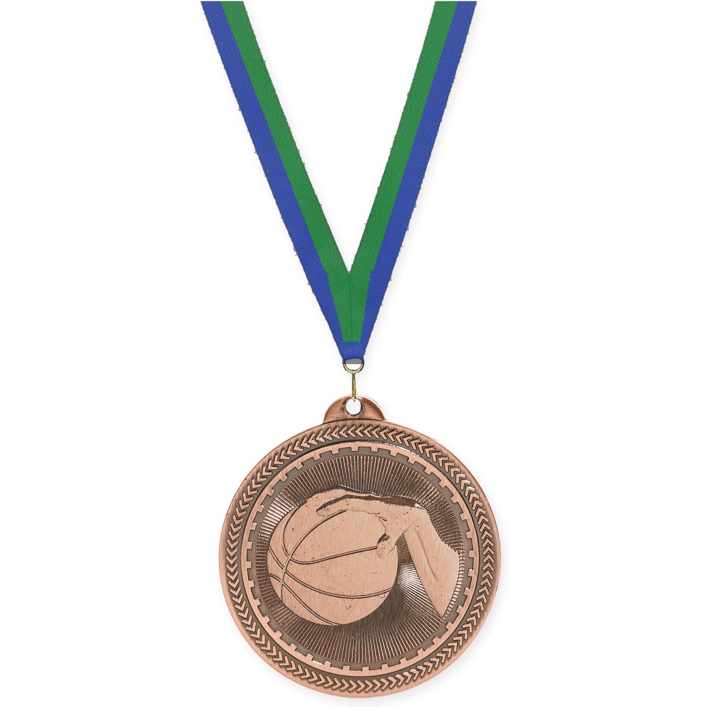 2 inch basketball Sunburst medal in antique bronze with Blue Green neck ribbon