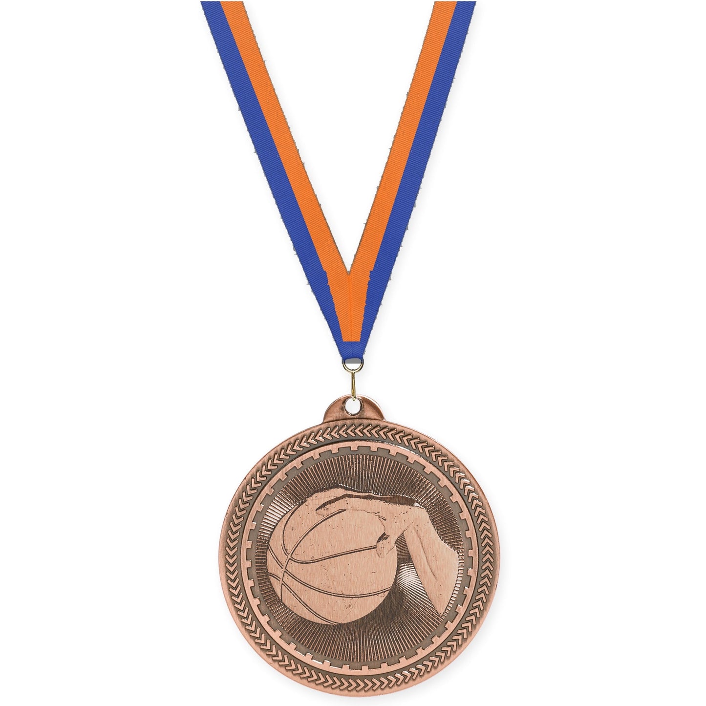 2 inch basketball Sunburst medal in antique bronze with Blue Orange neck ribbon