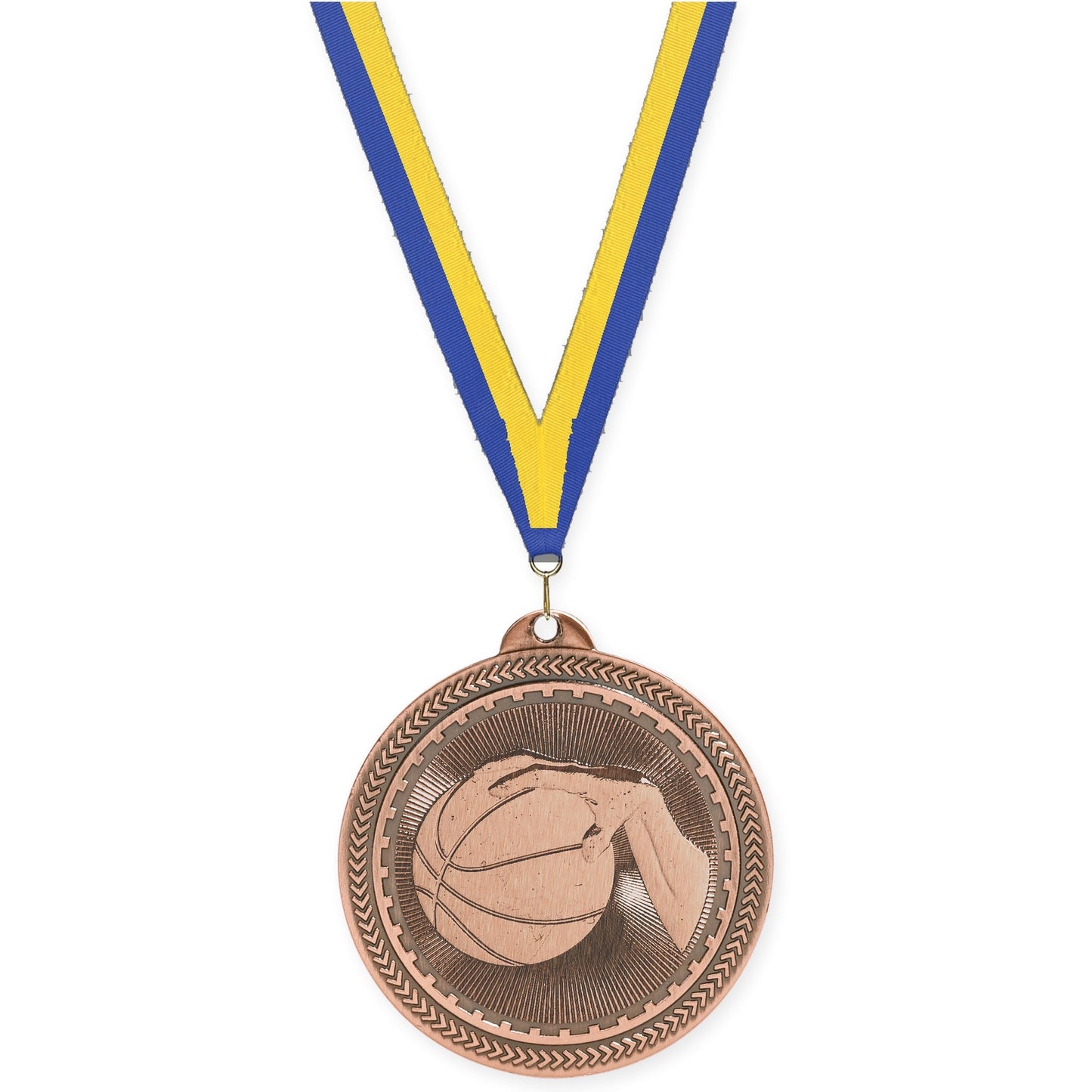2 inch basketball Sunburst medal in antique bronze with Blue Yellow neck ribbon