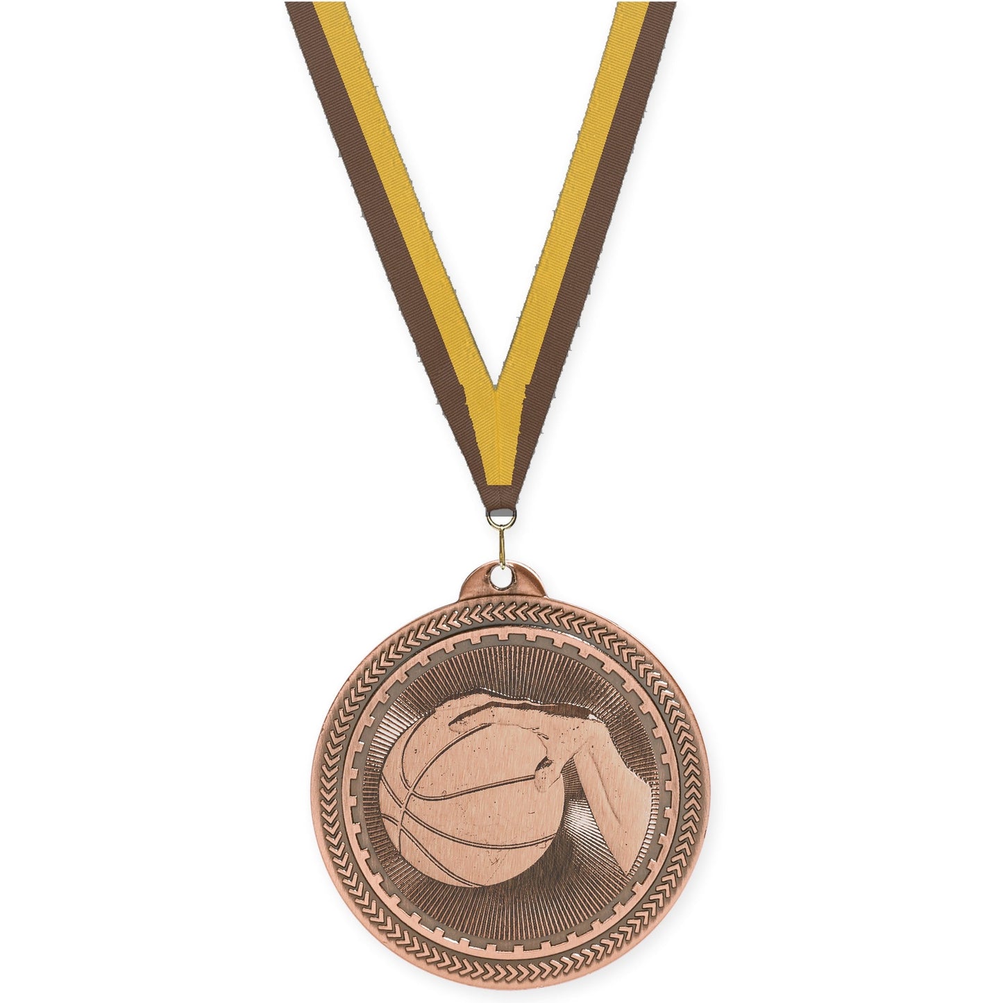 2 inch basketball Sunburst medal in antique bronze with Brown Gold neck ribbon