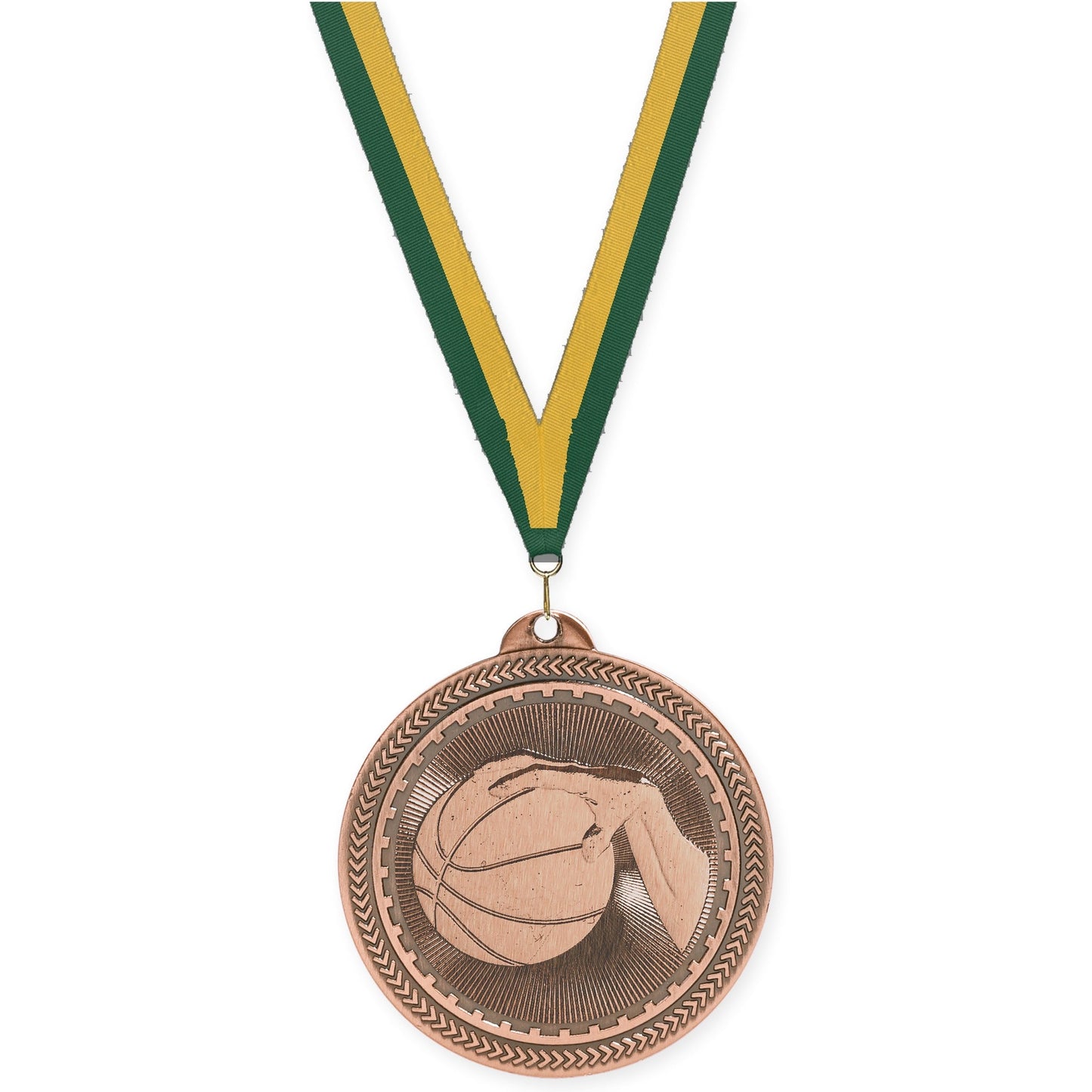 2 inch basketball Sunburst medal in antique bronze with Hunter Green Gold neck ribbon