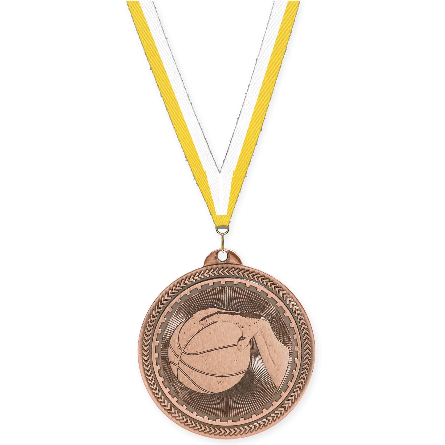 2 inch basketball Sunburst medal in antique bronze with Yellow White neck ribbon
