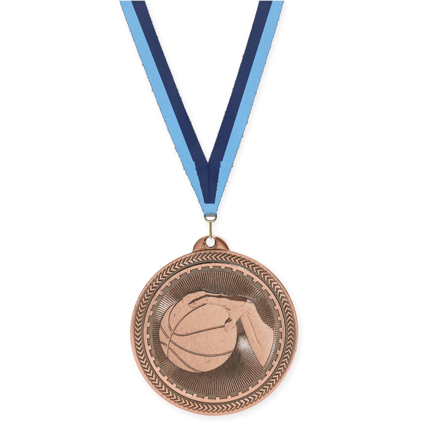 2 inch basketball Sunburst medal in antique bronze with Light Blue Navy neck ribbon