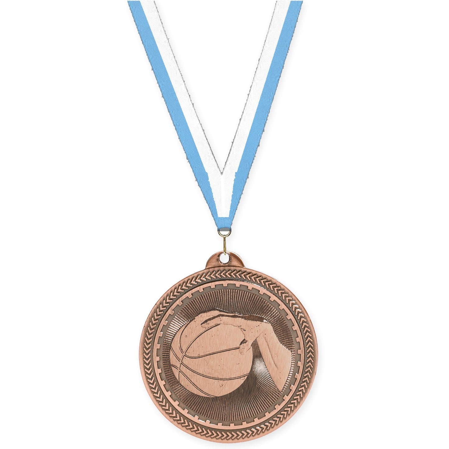 2 inch basketball Sunburst medal in antique bronze with Light Blue White neck ribbon