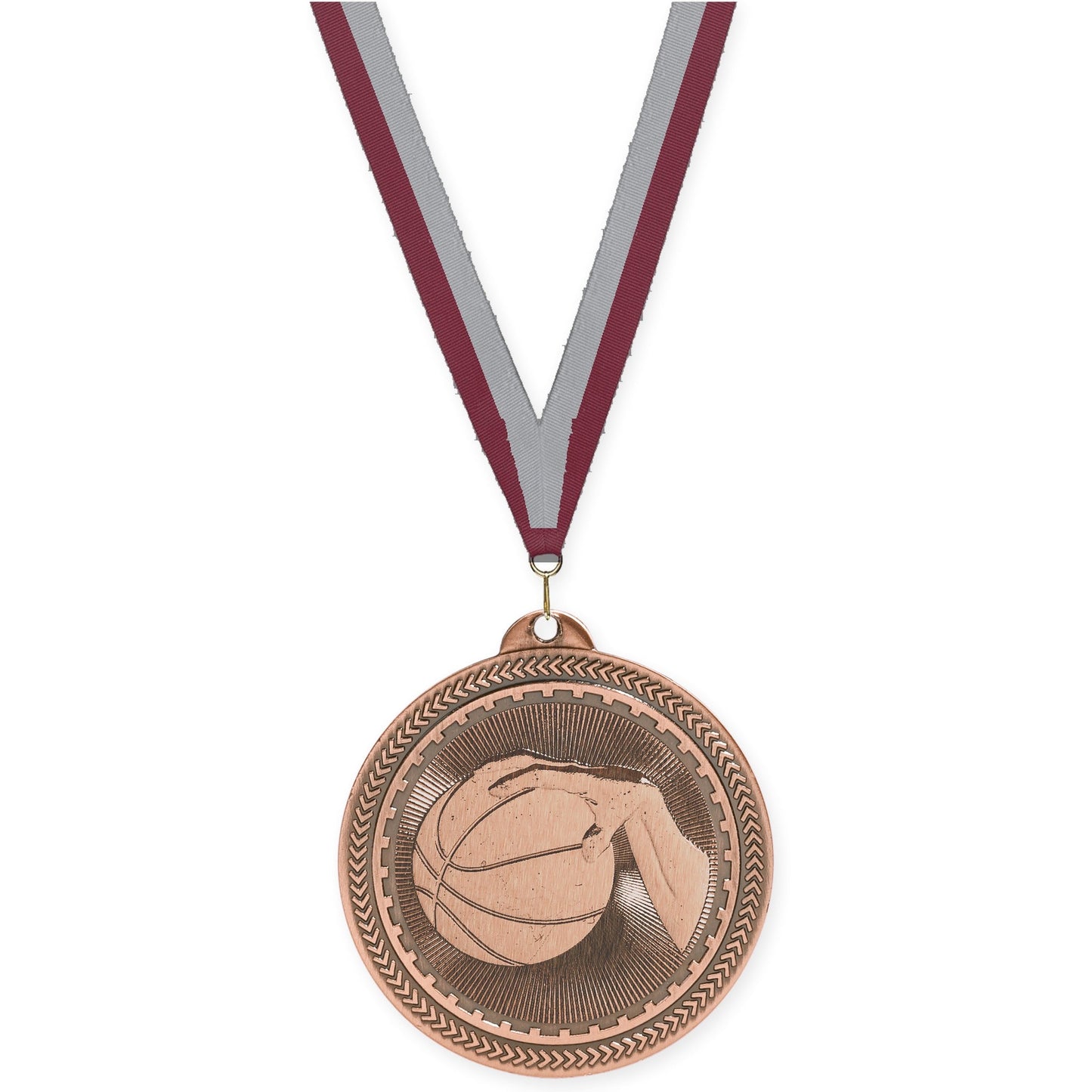 2 inch basketball Sunburst medal in antique bronze with Maroon Gray neck ribbon