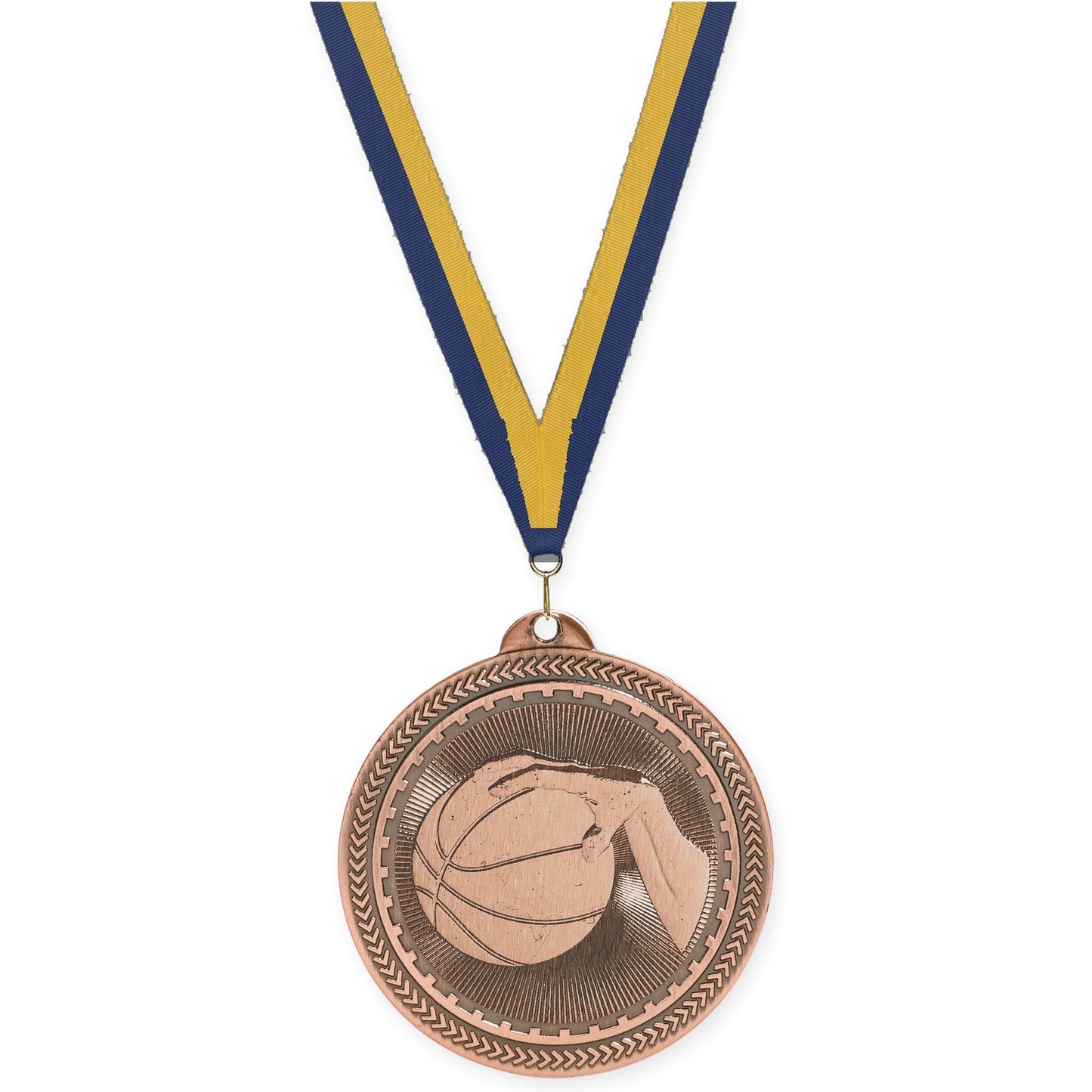 2 inch basketball Sunburst medal in antique bronze with Navy Gold neck ribbon