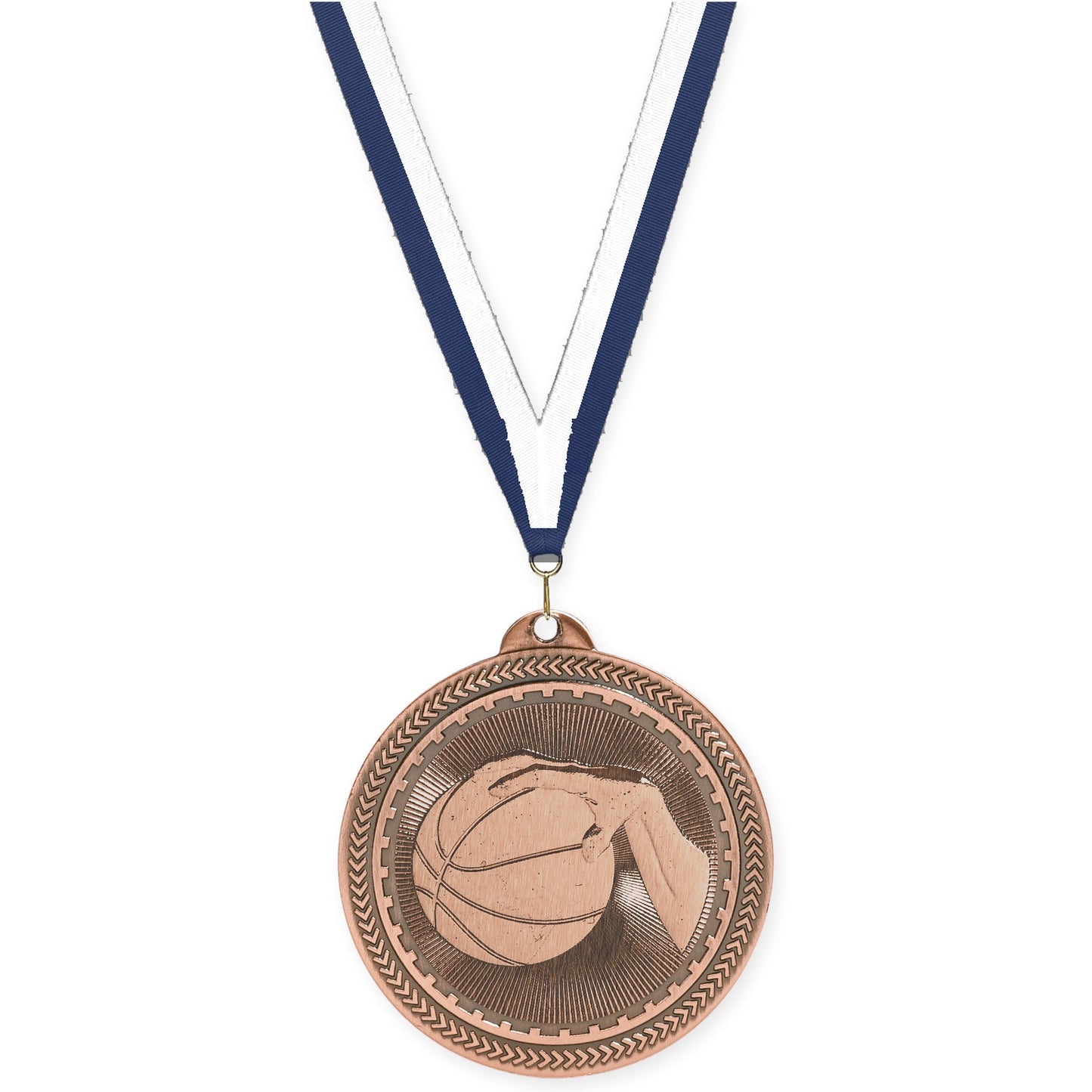 2 inch basketball Sunburst medal in antique bronze with Navy White neck ribbon