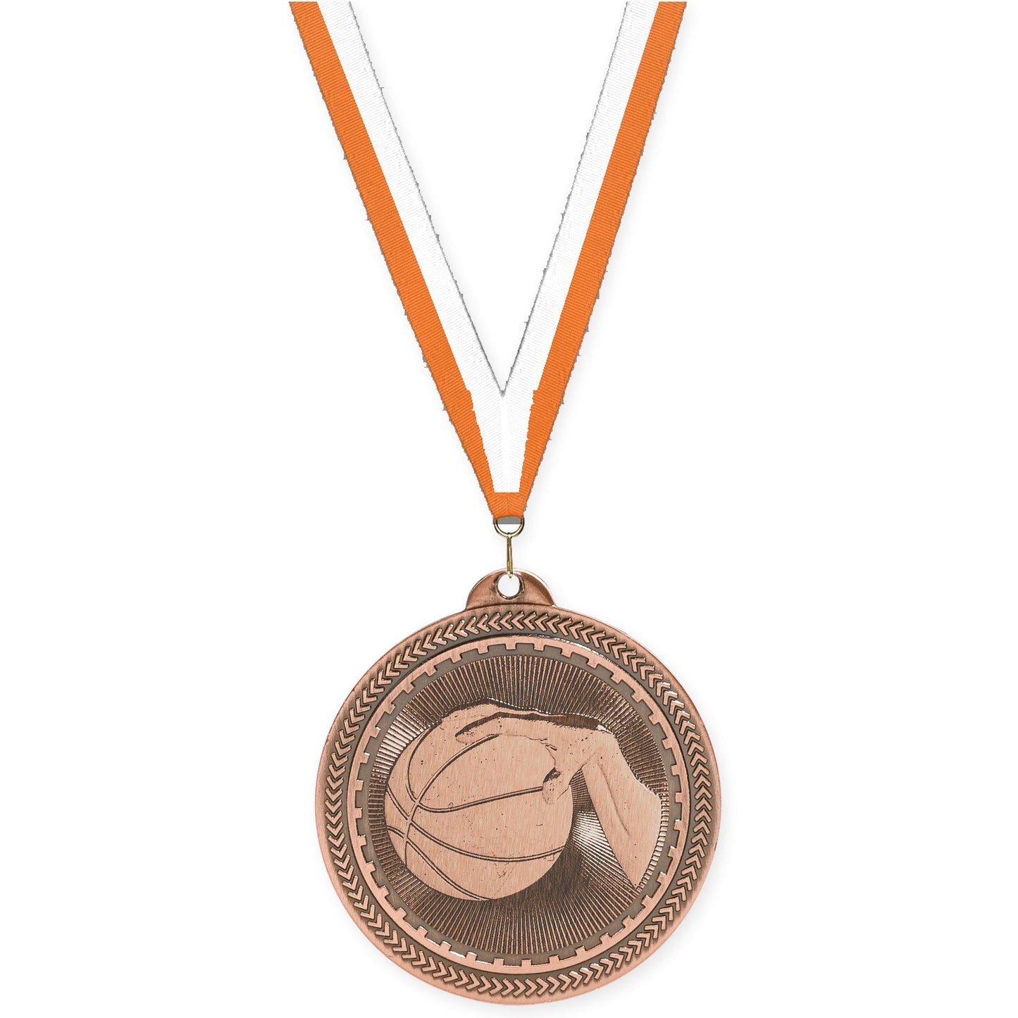 2 inch basketball Sunburst medal in antique bronze with Orange White neck ribbon