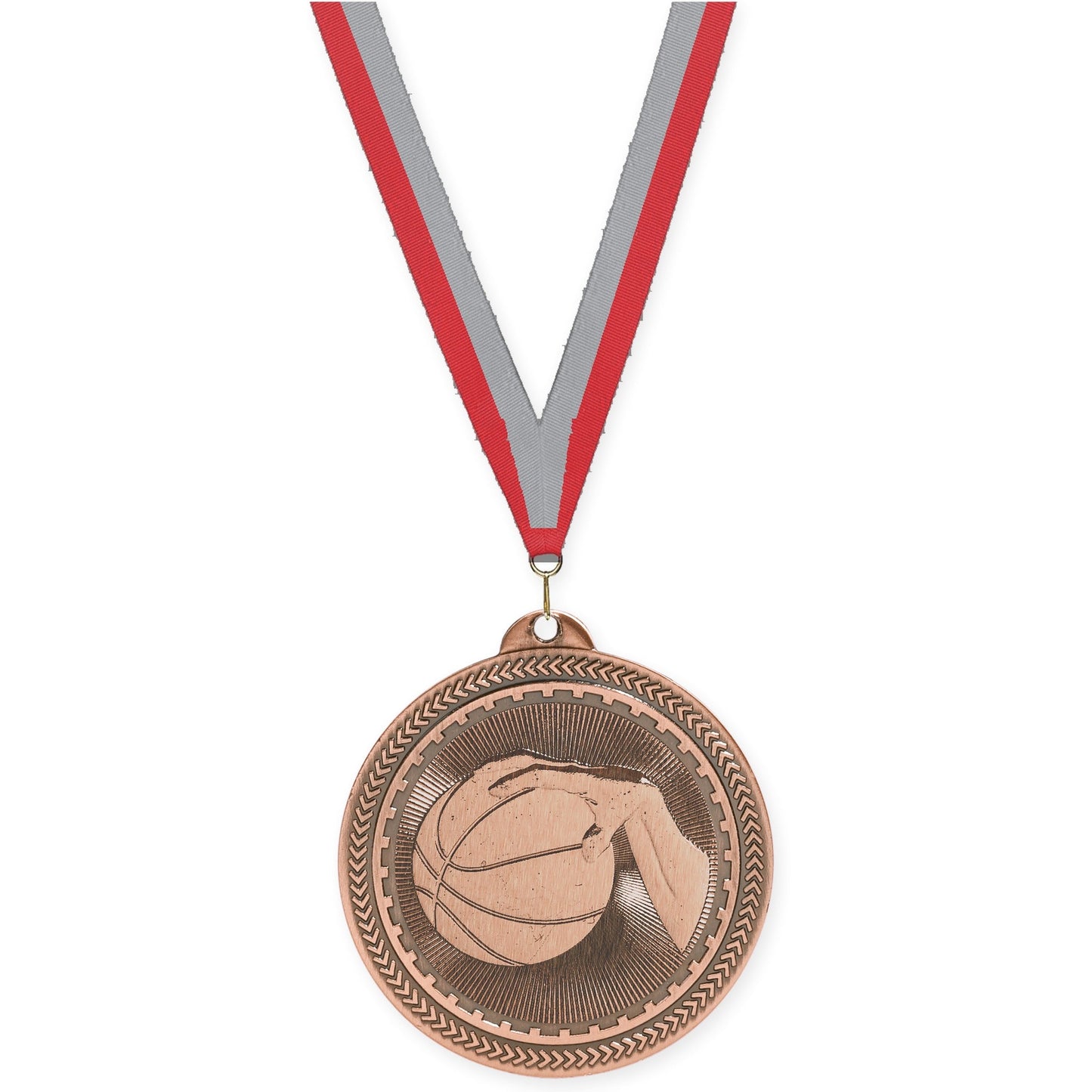 2 inch basketball Sunburst medal in antique bronze with Red Gray neck ribbon