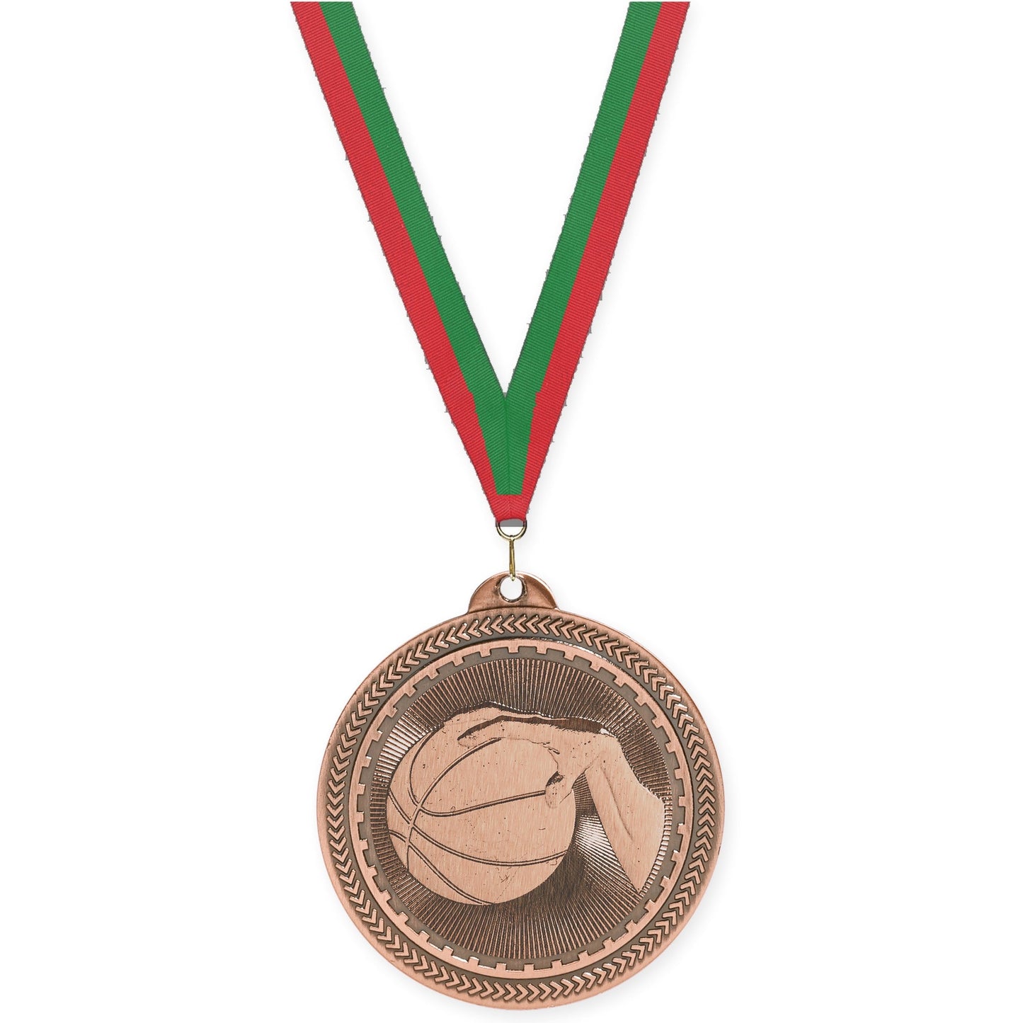 2 inch basketball Sunburst medal in antique bronze with Red Green neck ribbon