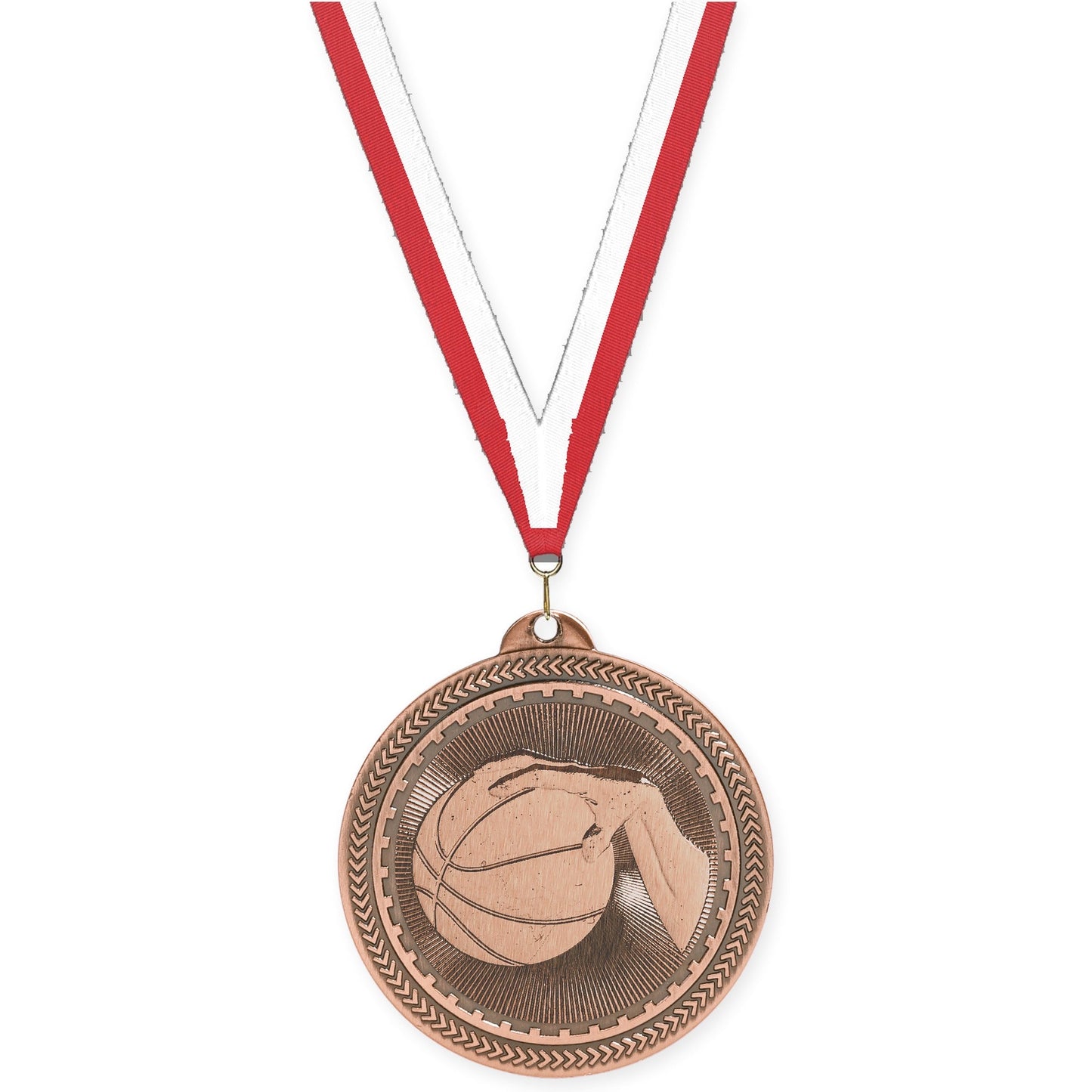 2 inch basketball Sunburst medal in antique bronze with Red White neck ribbon