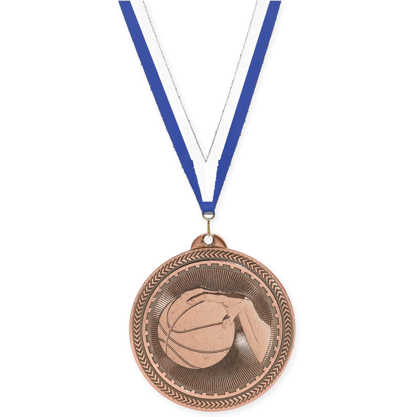 2 inch basketball Sunburst medal in antique bronze with Blue White neck ribbon