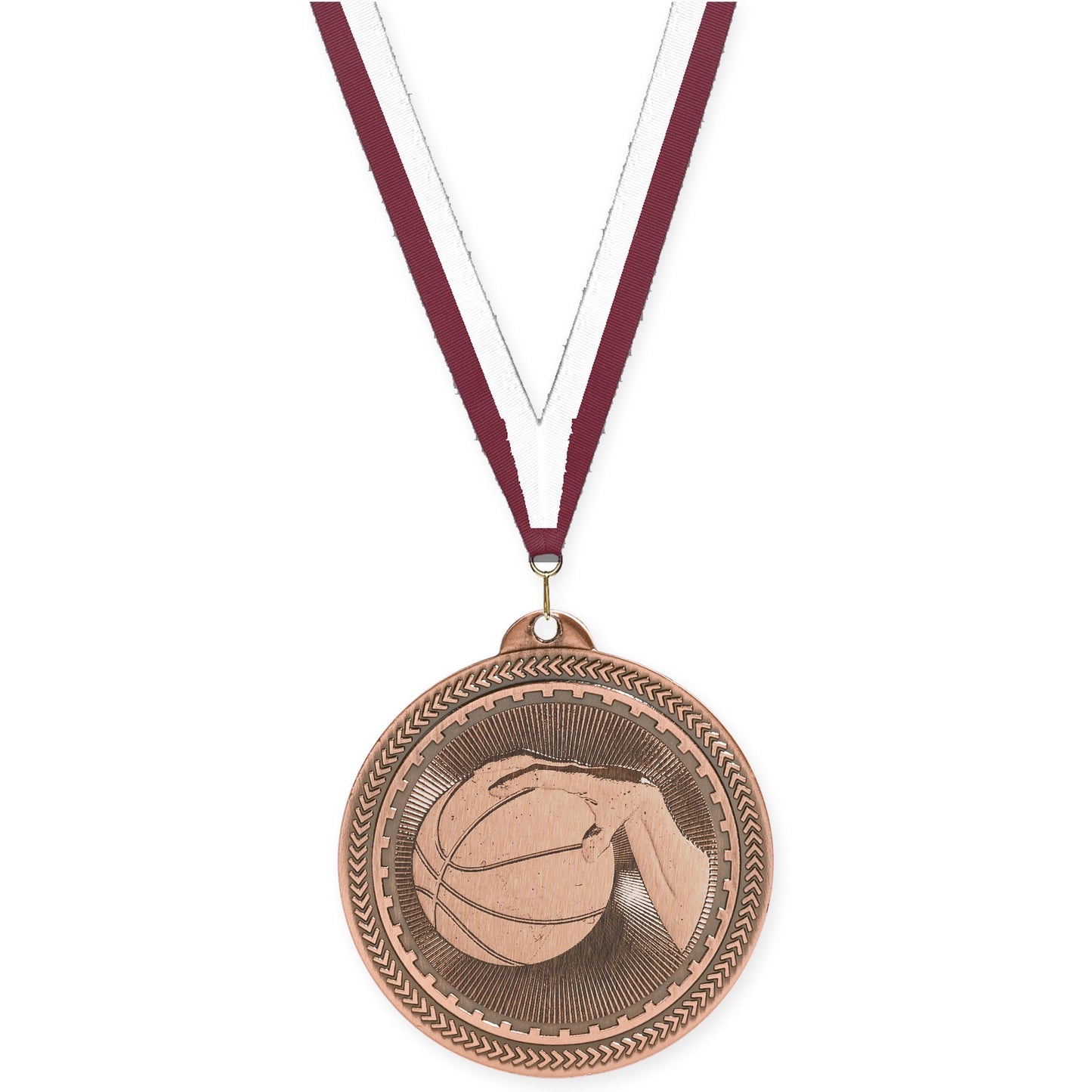 2 inch basketball Sunburst medal in antique bronze with Maroon White neck ribbon