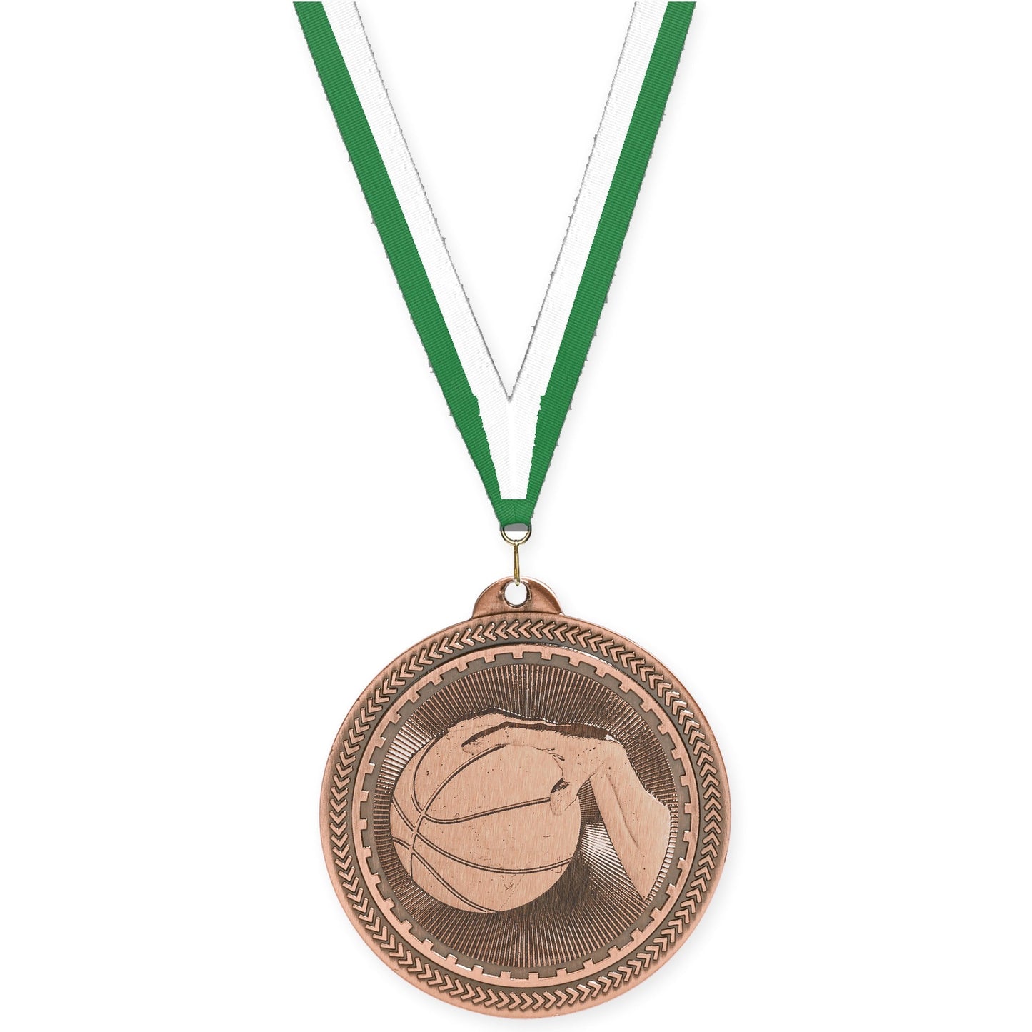 2 inch basketball Sunburst medal in antique bronze with Green White neck ribbon