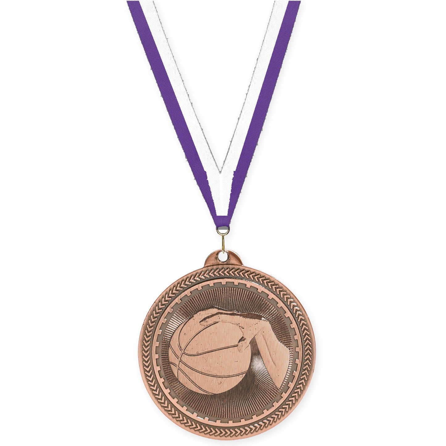 2 inch basketball Sunburst medal in antique bronze with Purple White neck ribbon