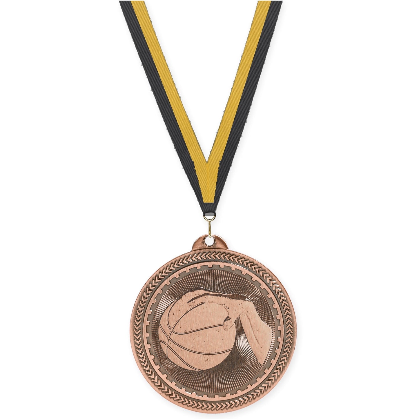 2 inch basketball Sunburst medal in antique bronze with Black Gold neck ribbon