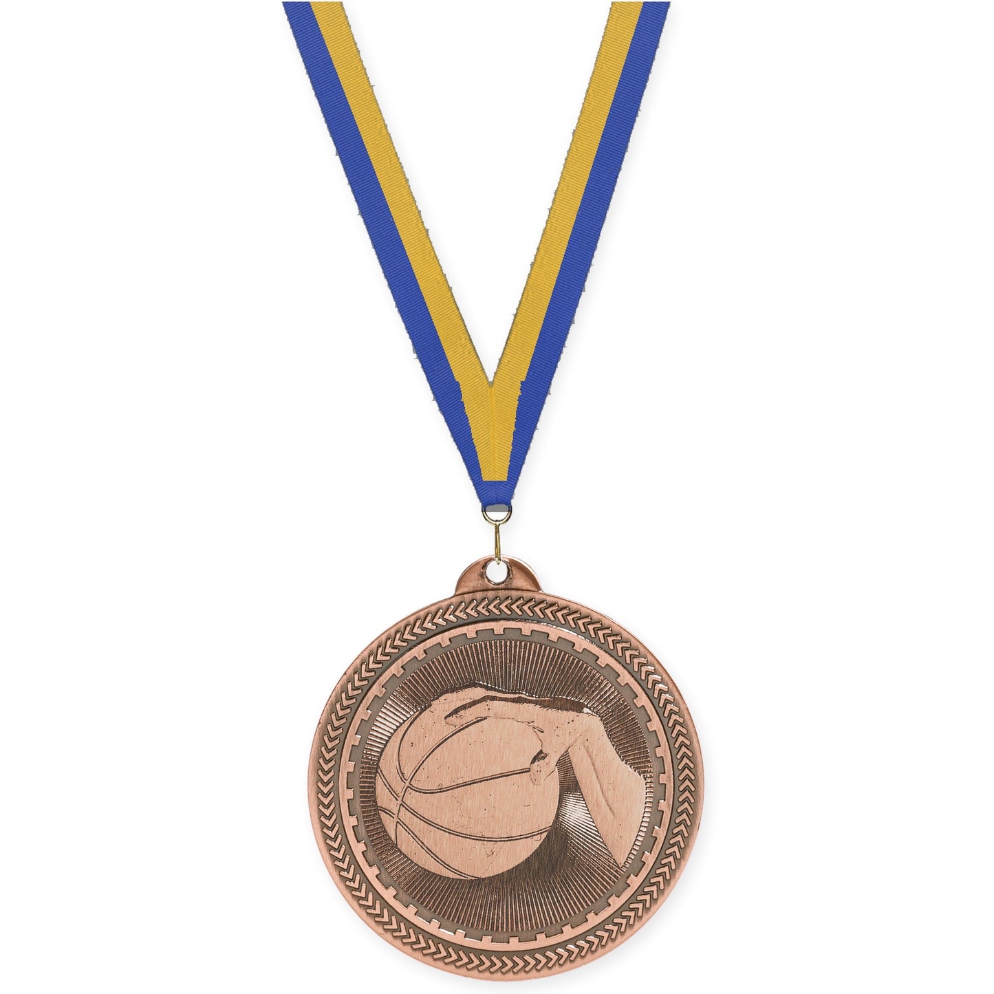 2 inch basketball Sunburst medal in antique bronze with Blue Gold neck ribbon