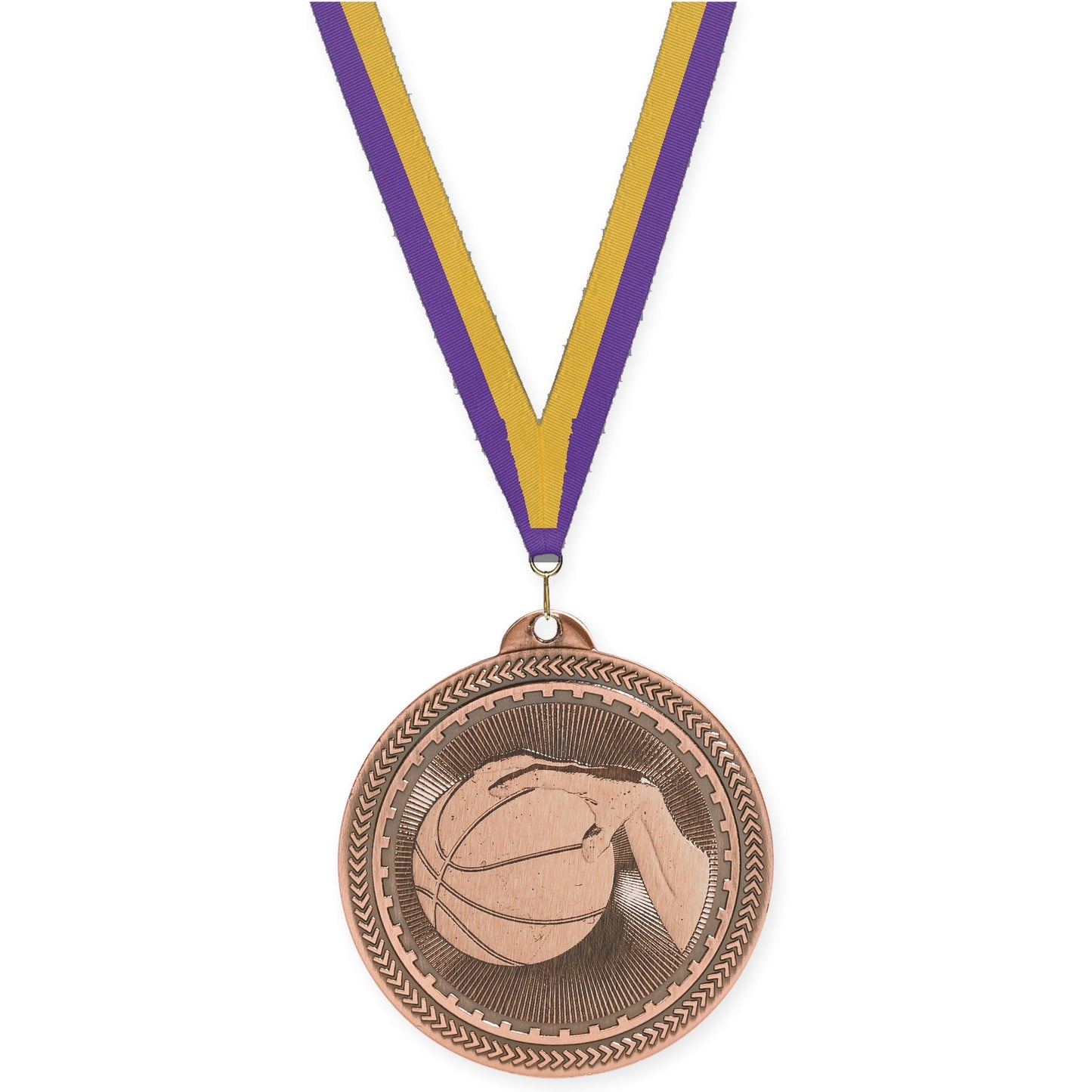 2 inch basketball Sunburst medal in antique bronze with Purple Gold neck ribbon