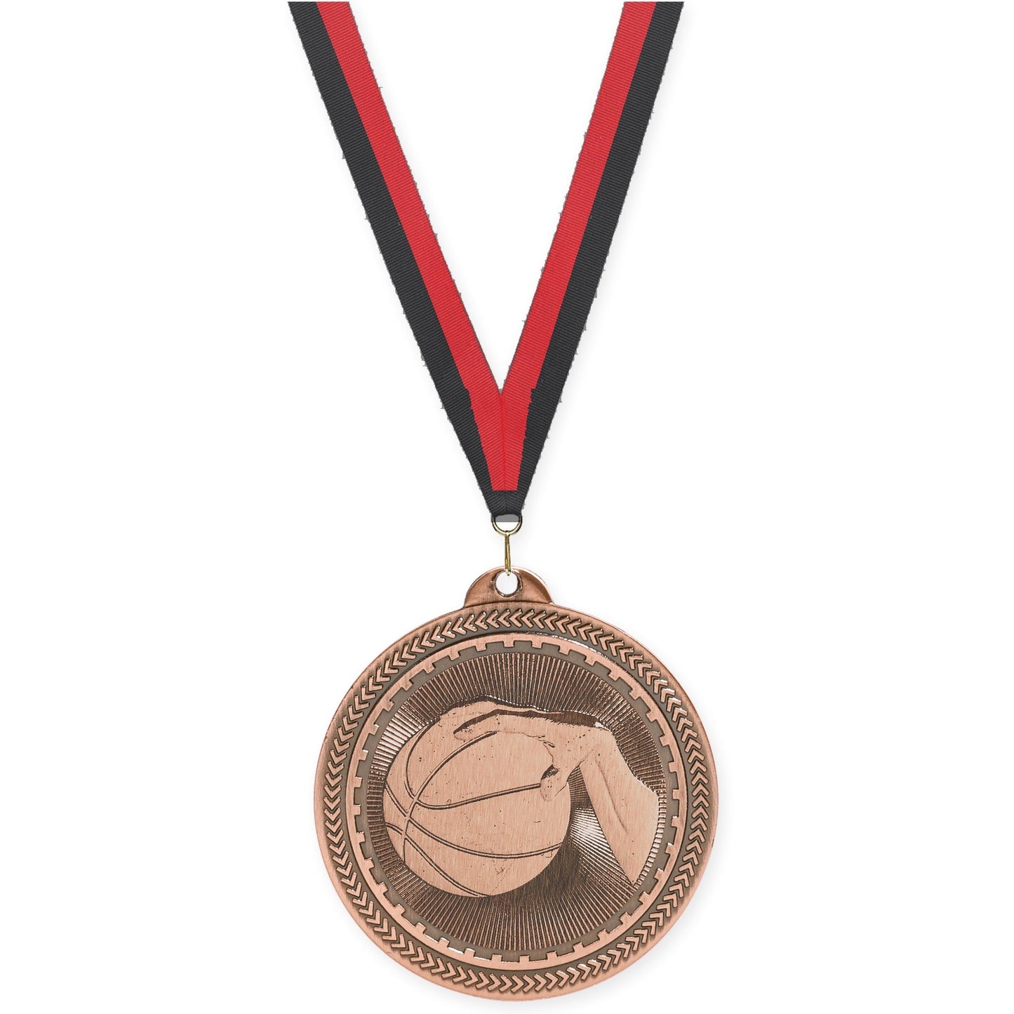 2 inch basketball Sunburst medal in antique bronze with Black Red neck ribbon