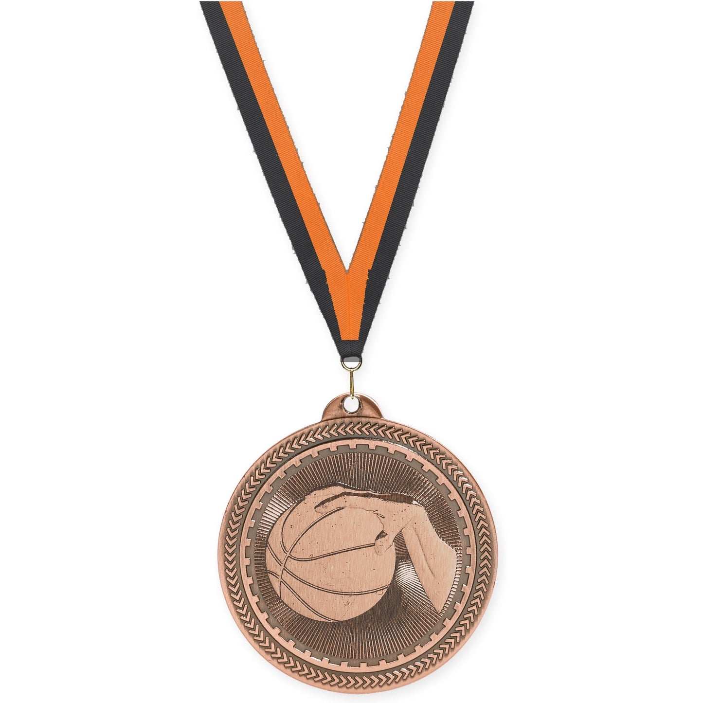 2 inch basketball Sunburst medal in antique bronze with Black Orange neck ribbon