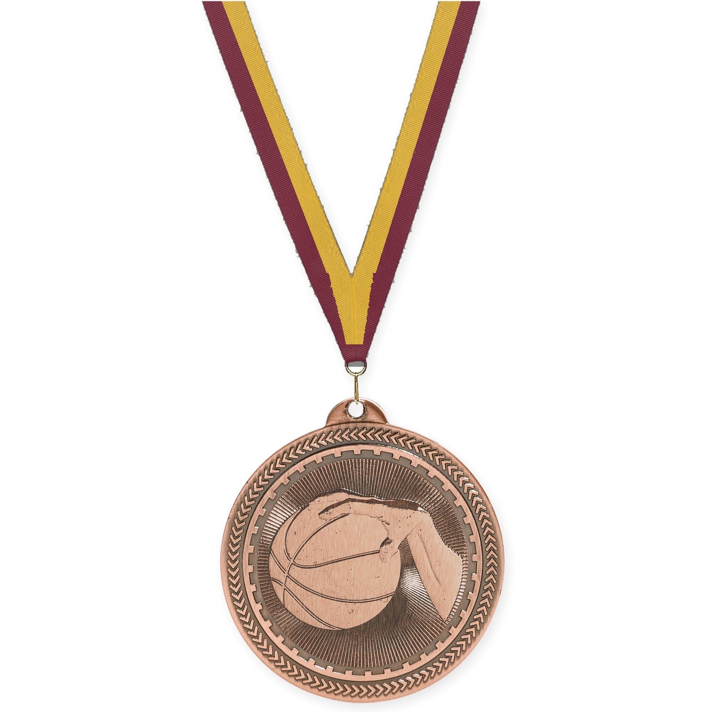 2 inch basketball Sunburst medal in antique bronze with Maroon Gold neck ribbon