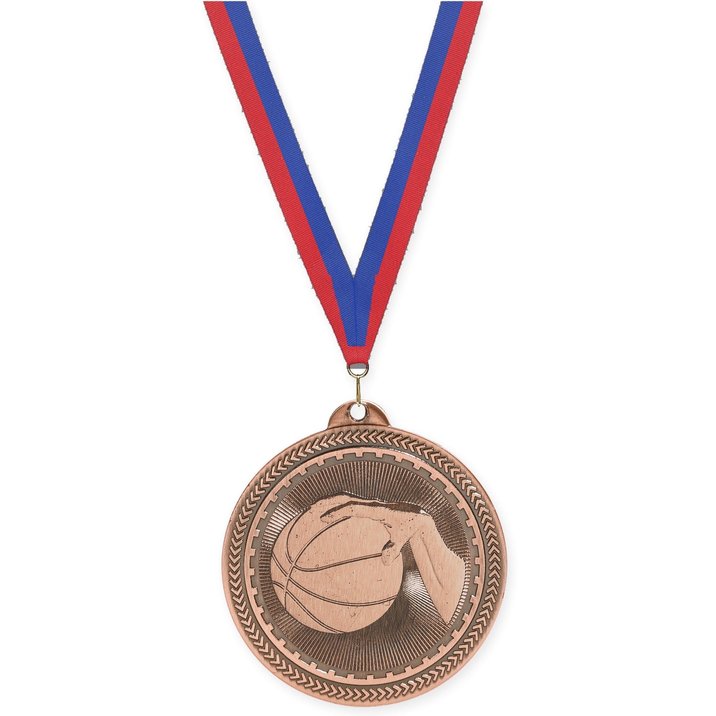 2 inch basketball Sunburst medal in antique bronze with Blue Red neck ribbon