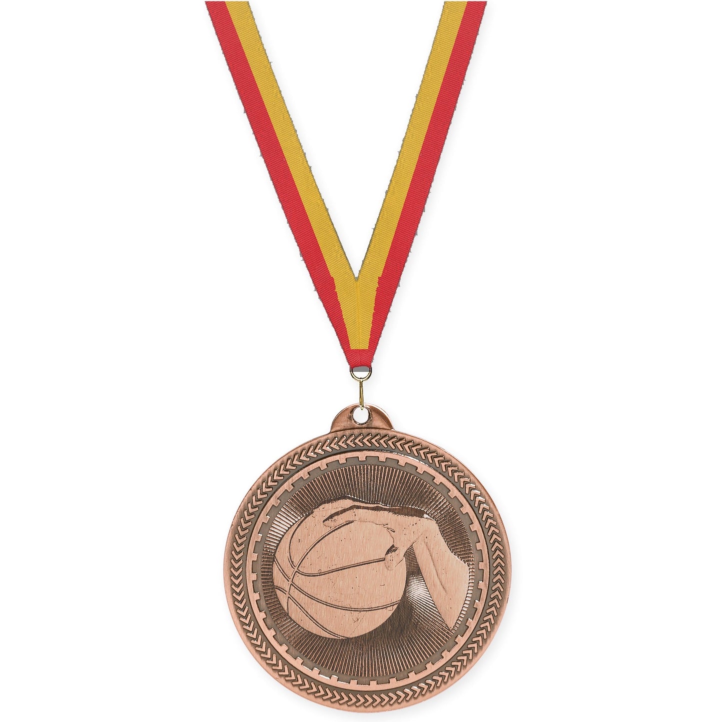 2 inch basketball Sunburst medal in antique bronze with Red Gold neck ribbon